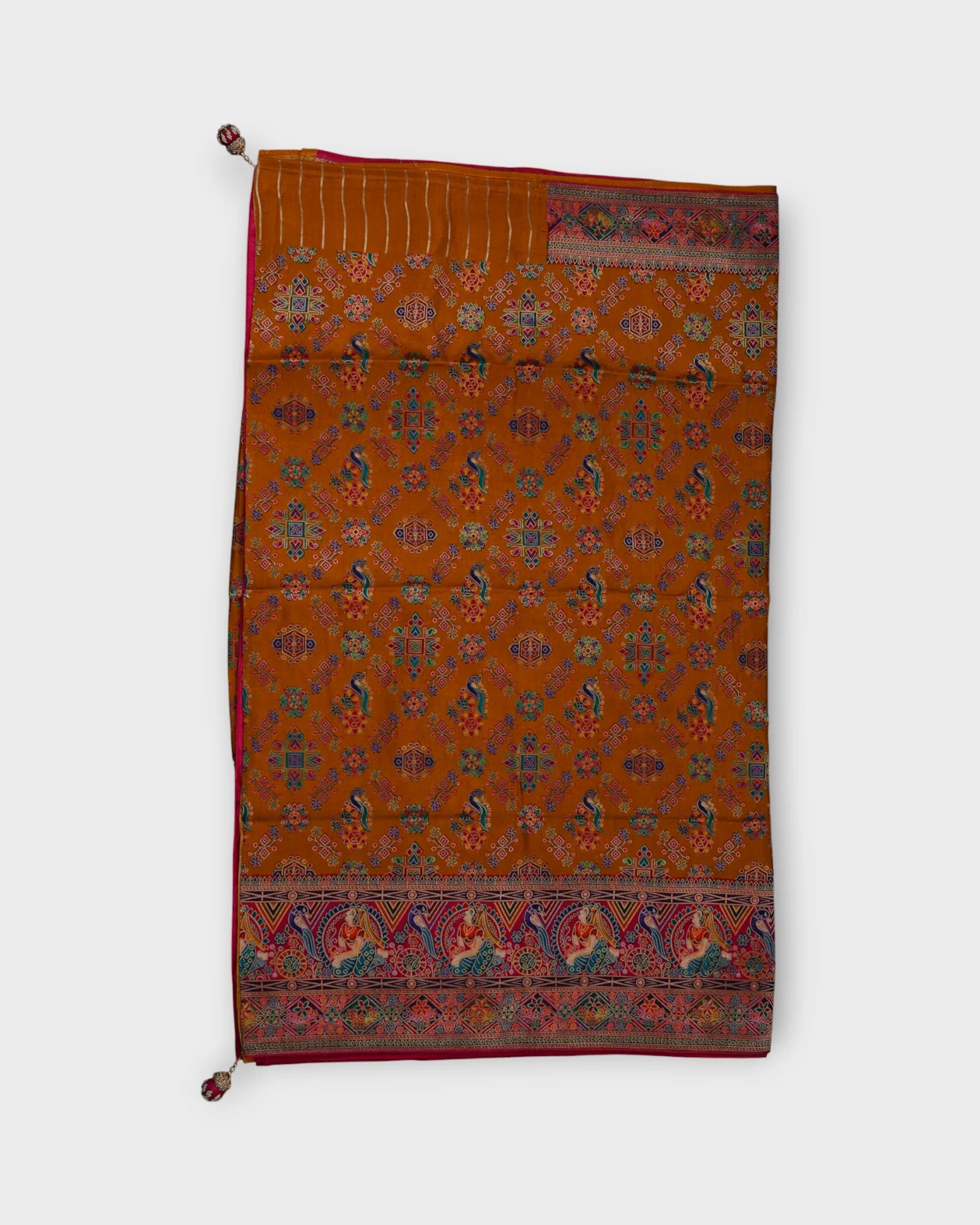 Orange Dola Silk Saree with Vibrant Peacock Design