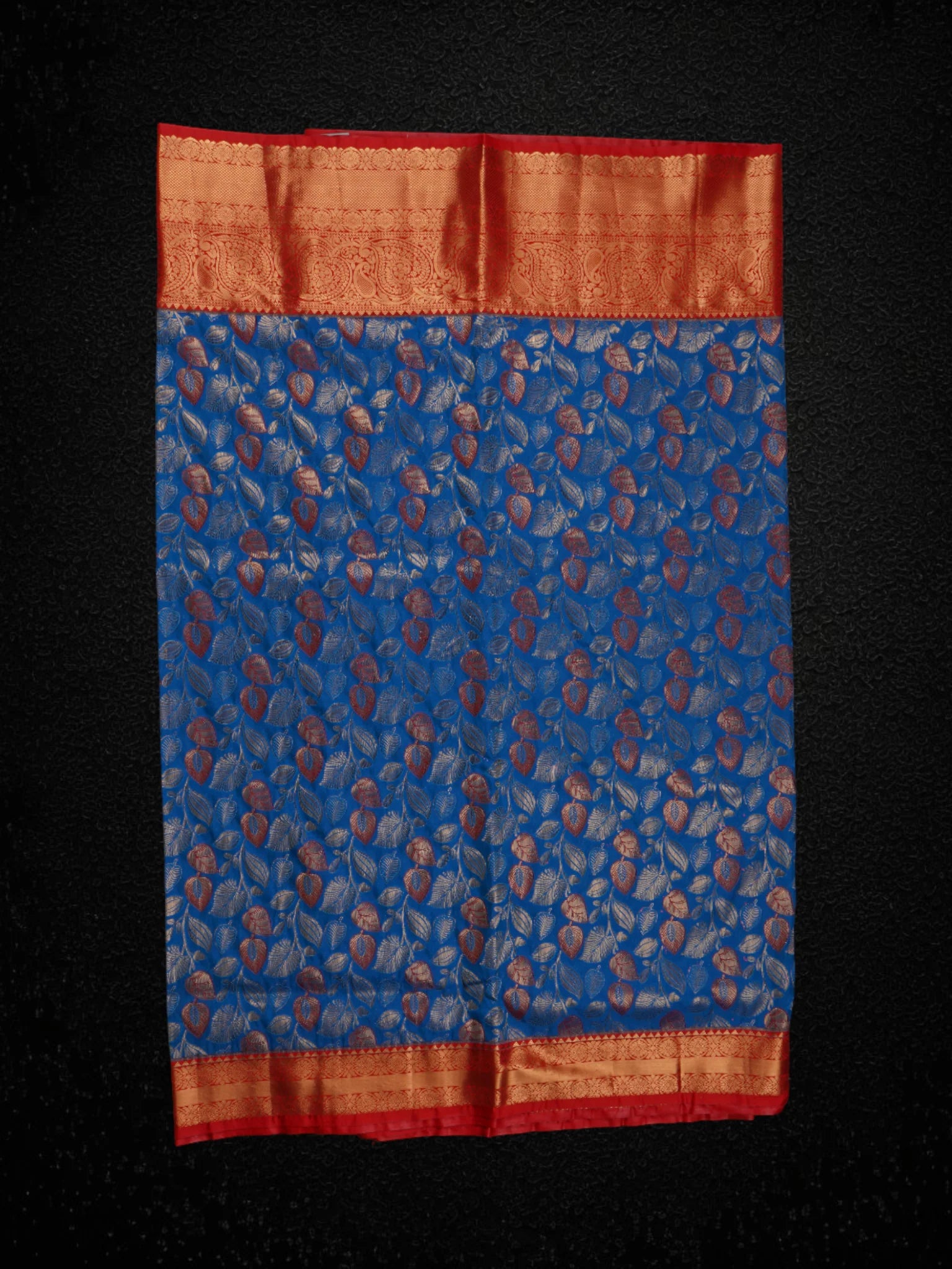 Blue Dharmavaram Silk Saree With Gold Zari Leaves