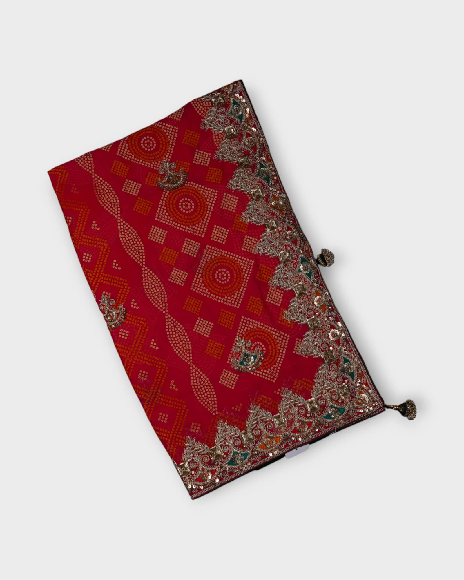 Red Bandhani Georgette Saree With Gold Accents