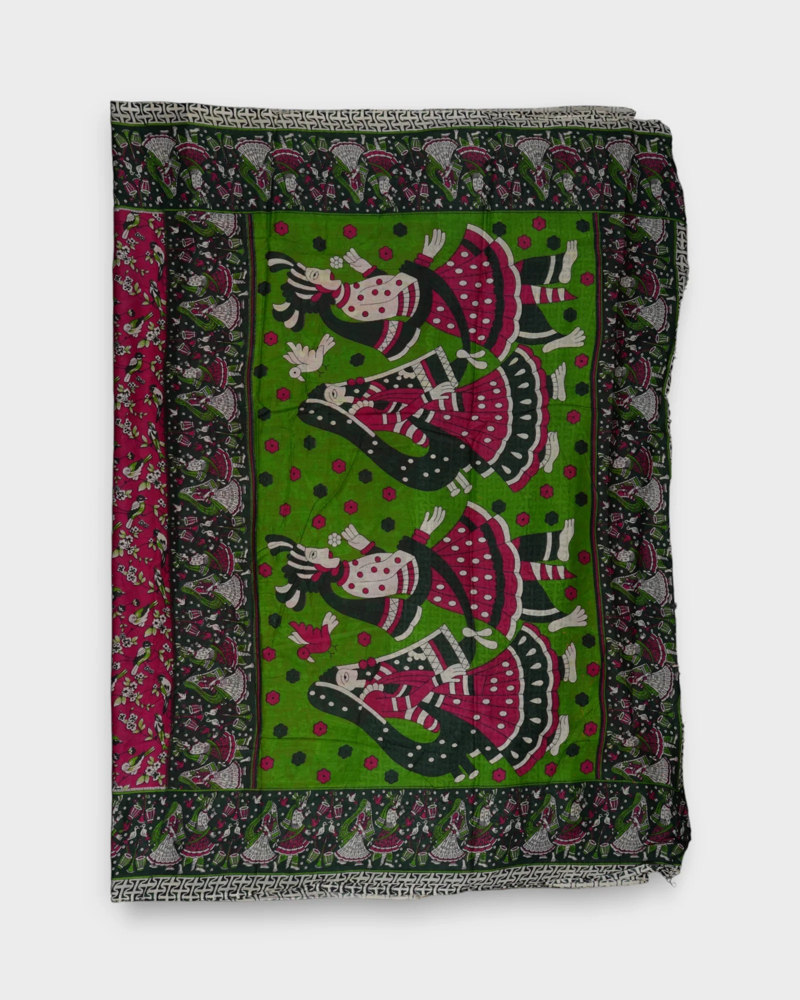 Pink Kalamkari Cotton Birds And Geometry Saree