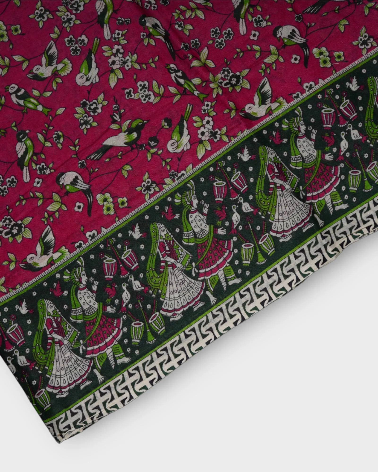 Pink Kalamkari Cotton Birds And Geometry Saree