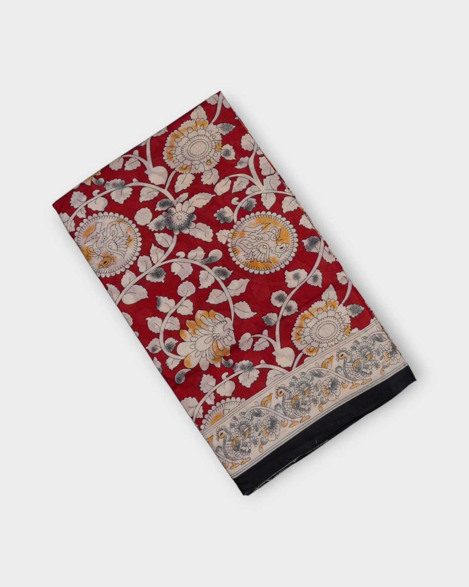 Red Kalamkari Cotton Peacock Print Saree