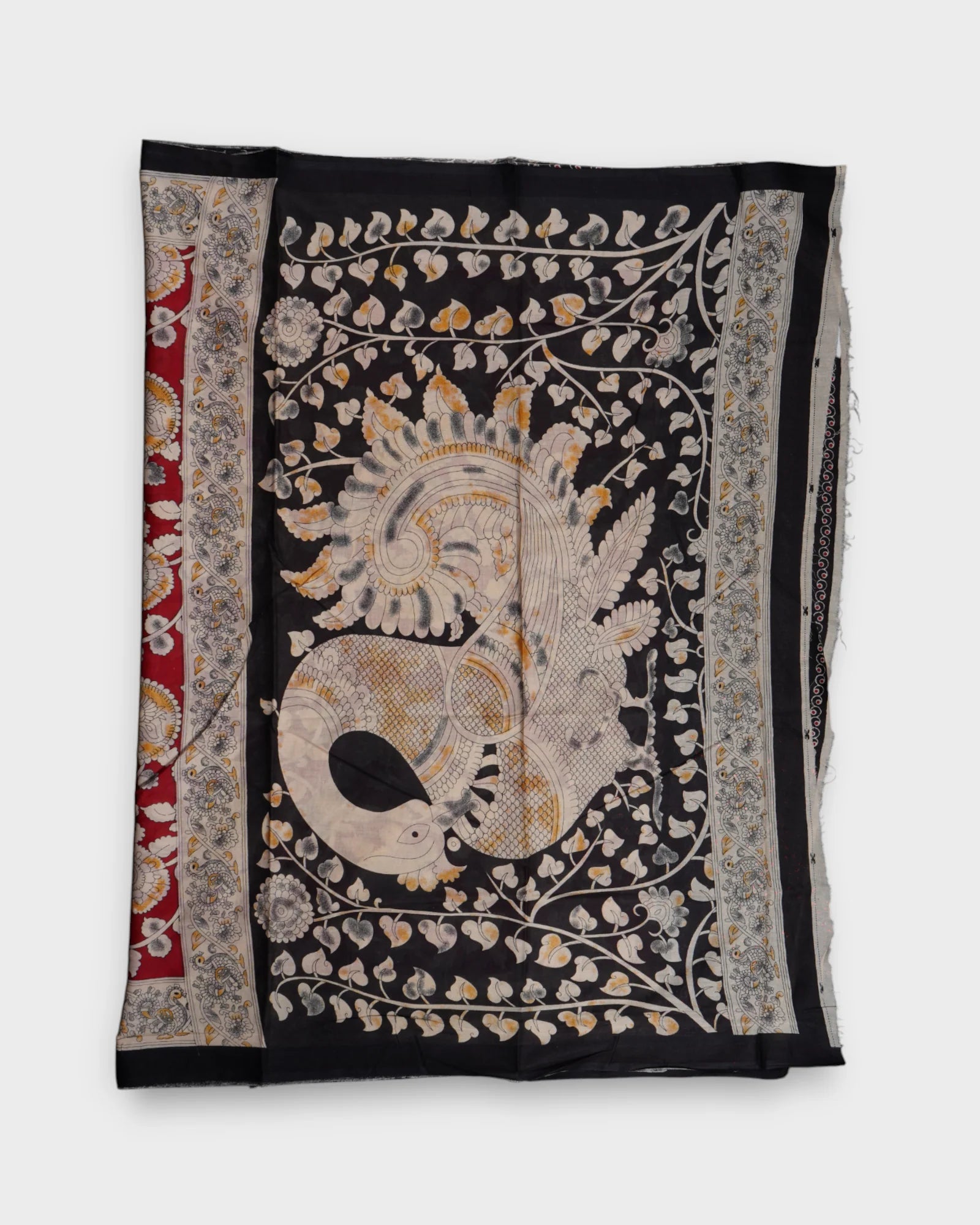 Red Kalamkari Cotton Peacock Print Saree