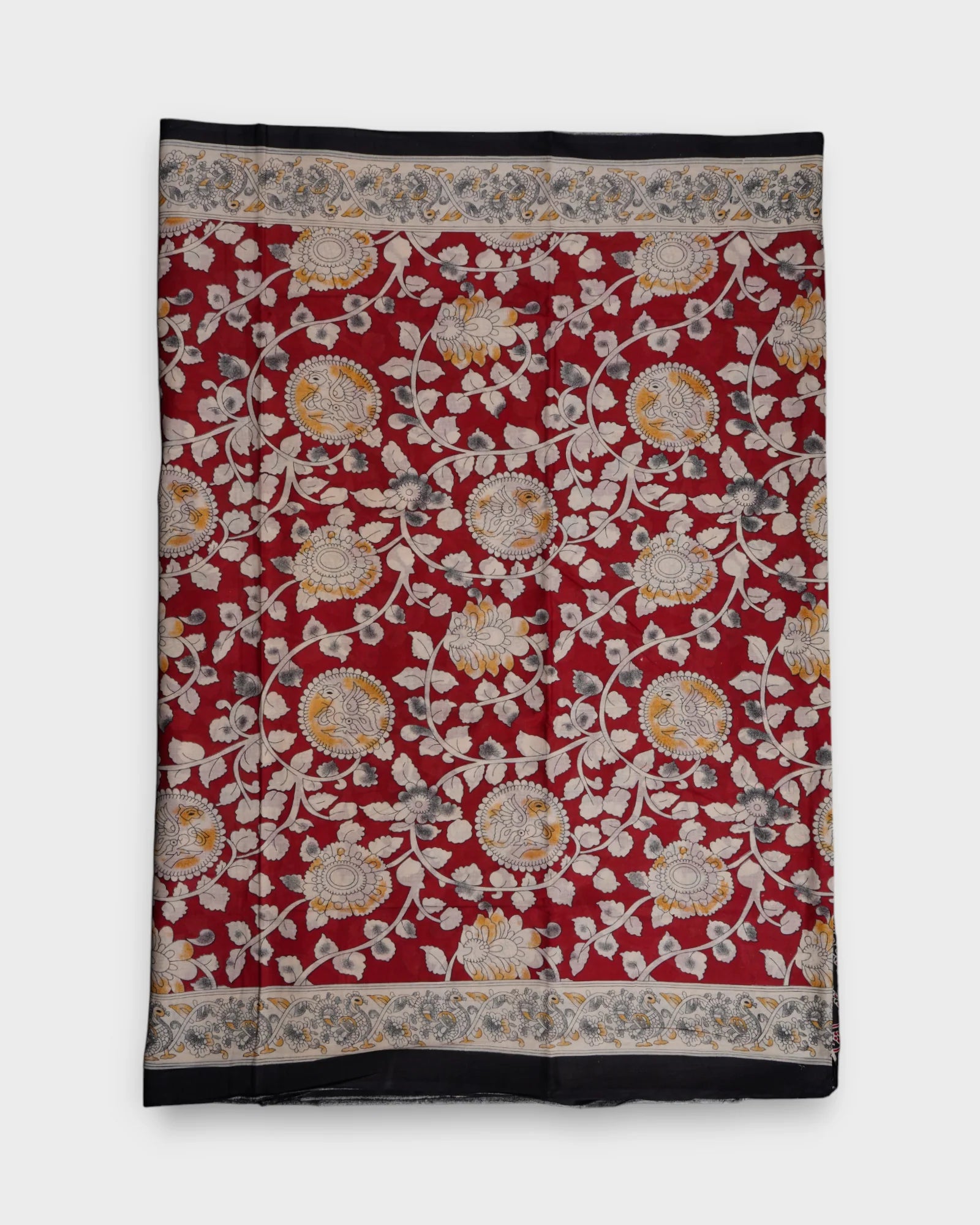 Red Kalamkari Cotton Peacock Print Saree