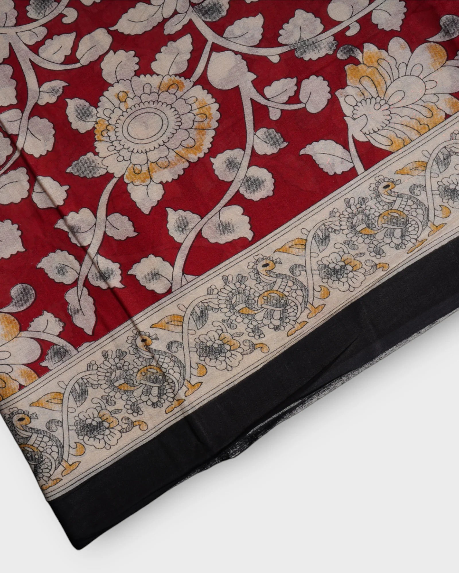 Red Kalamkari Cotton Peacock Print Saree