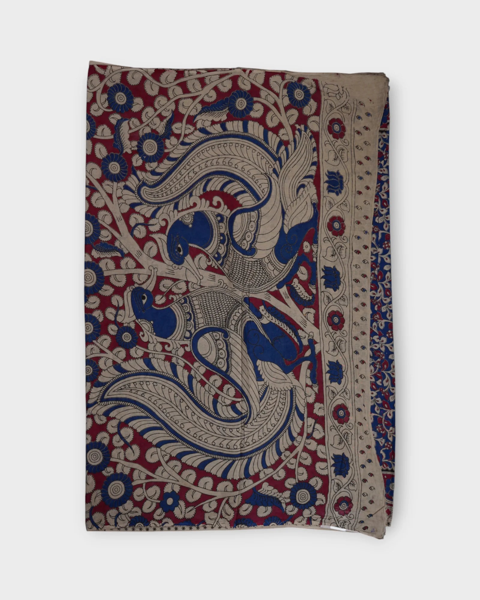 Blue Floral Kalamkari Printed Cotton Saree