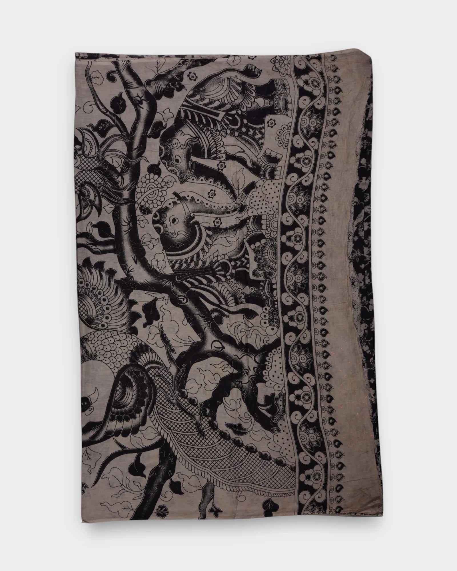 Cream Kalamkari Silk Saree With Bird Motifs