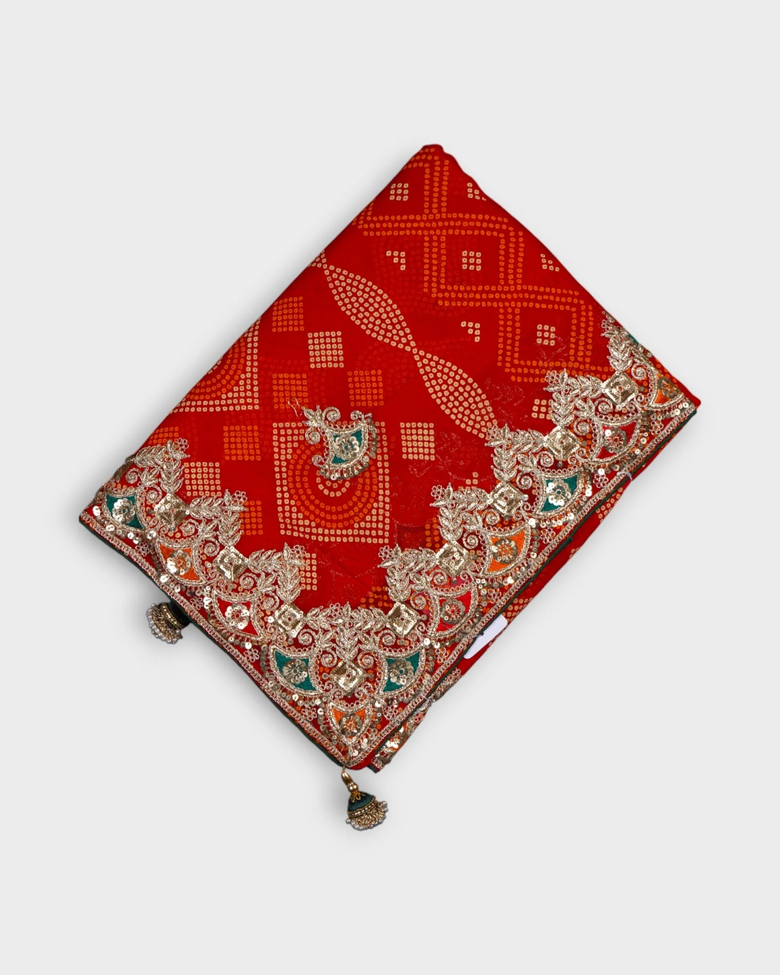 Red Bandhani Georgette Saree With Gold Butta