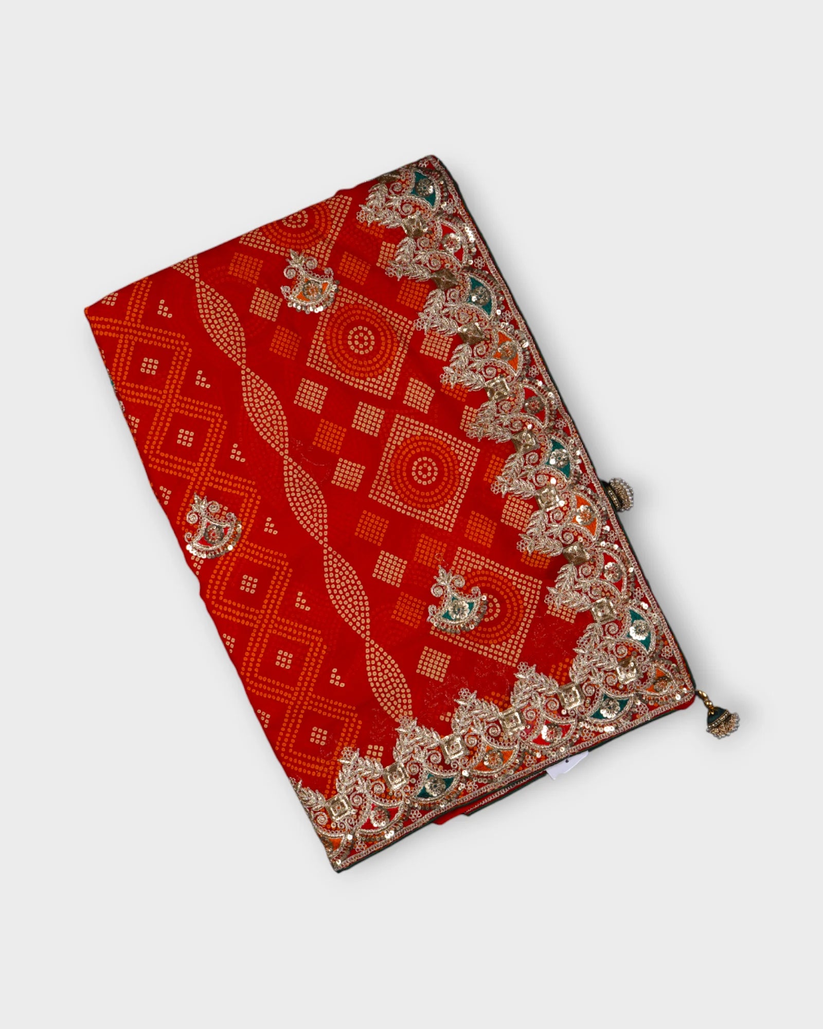 Red Bandhani Georgette Saree With Gold Butta