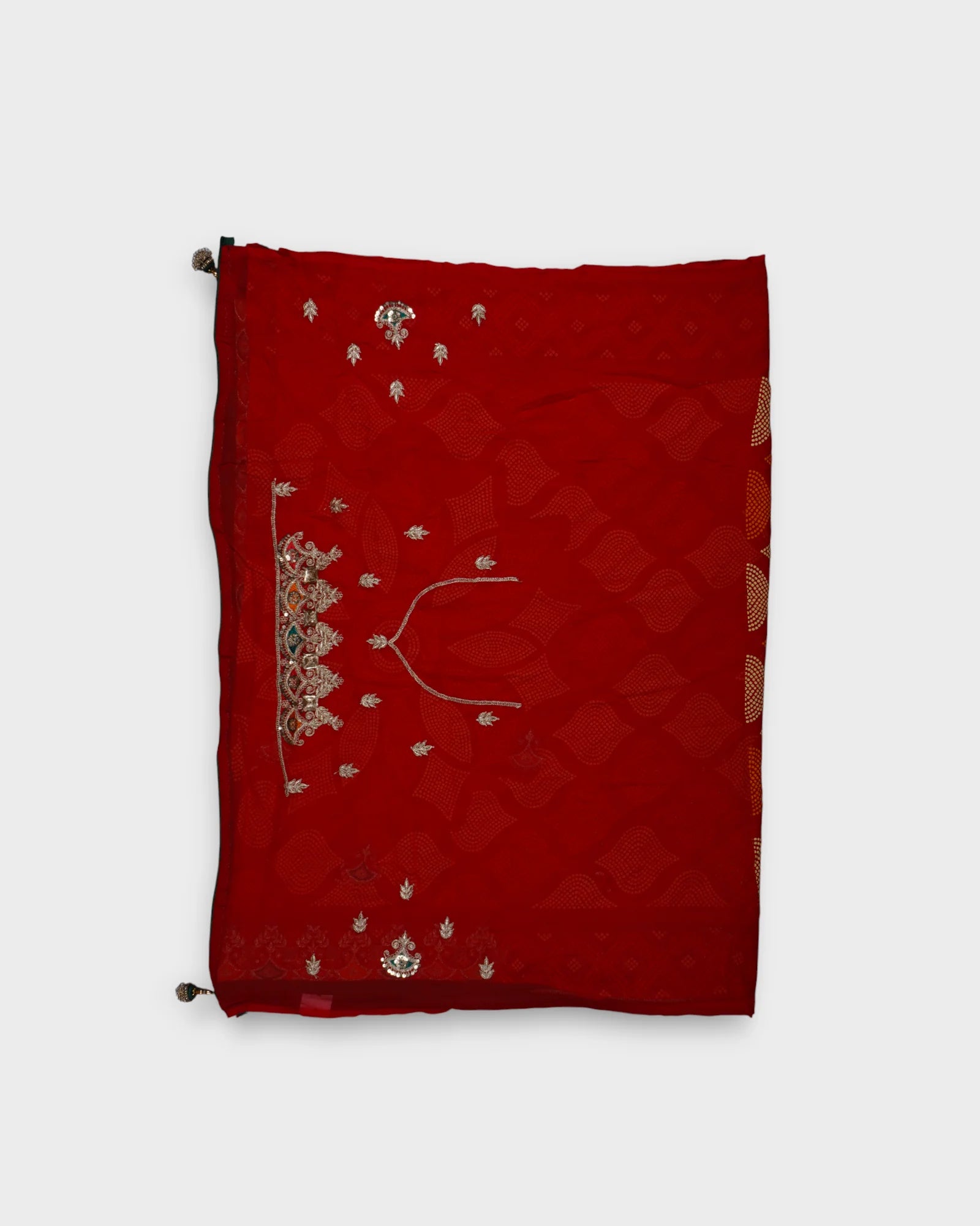 Red Bandhani Georgette Saree With Gold Butta