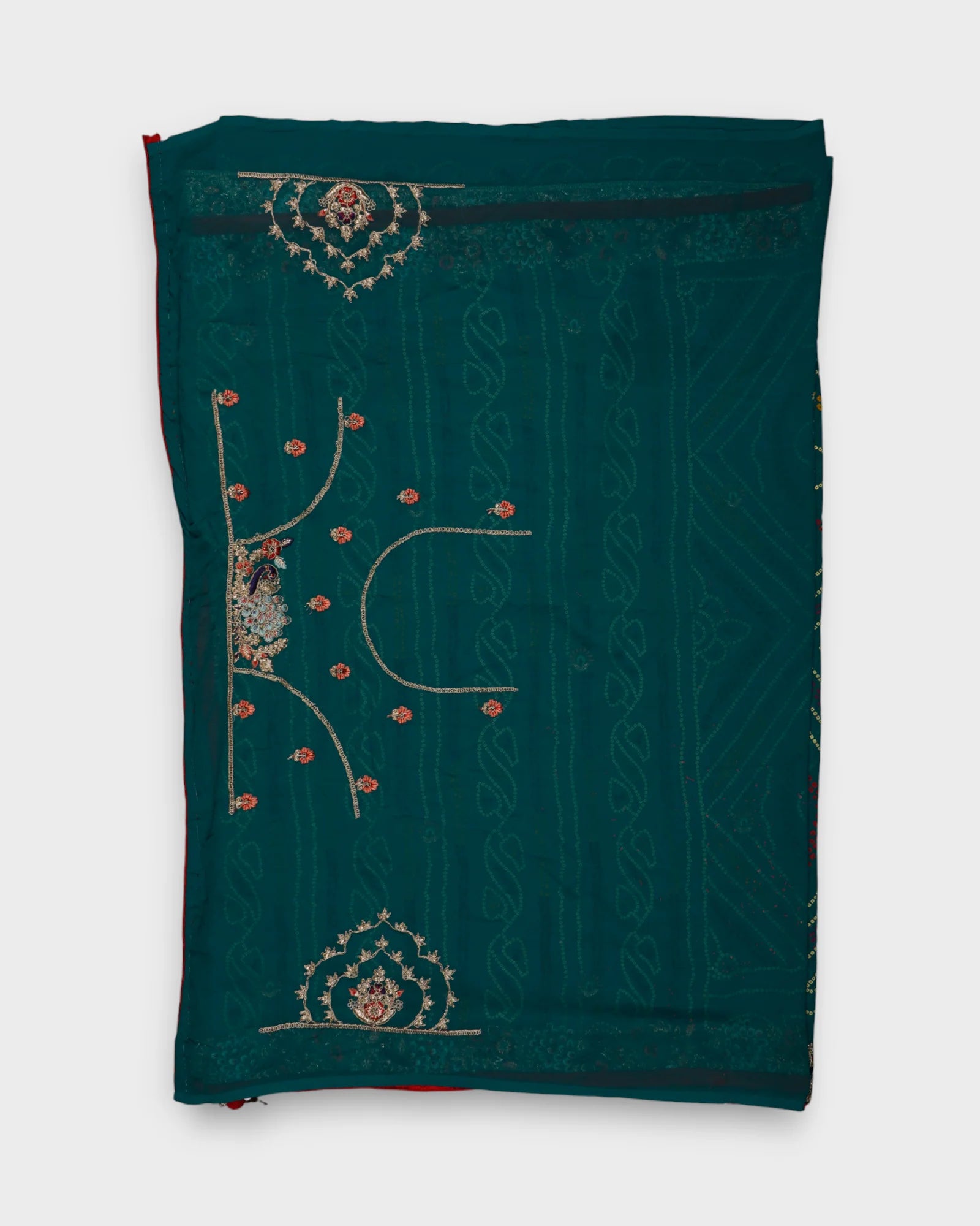 Green Georgette Bandhani Saree With Gold Butta