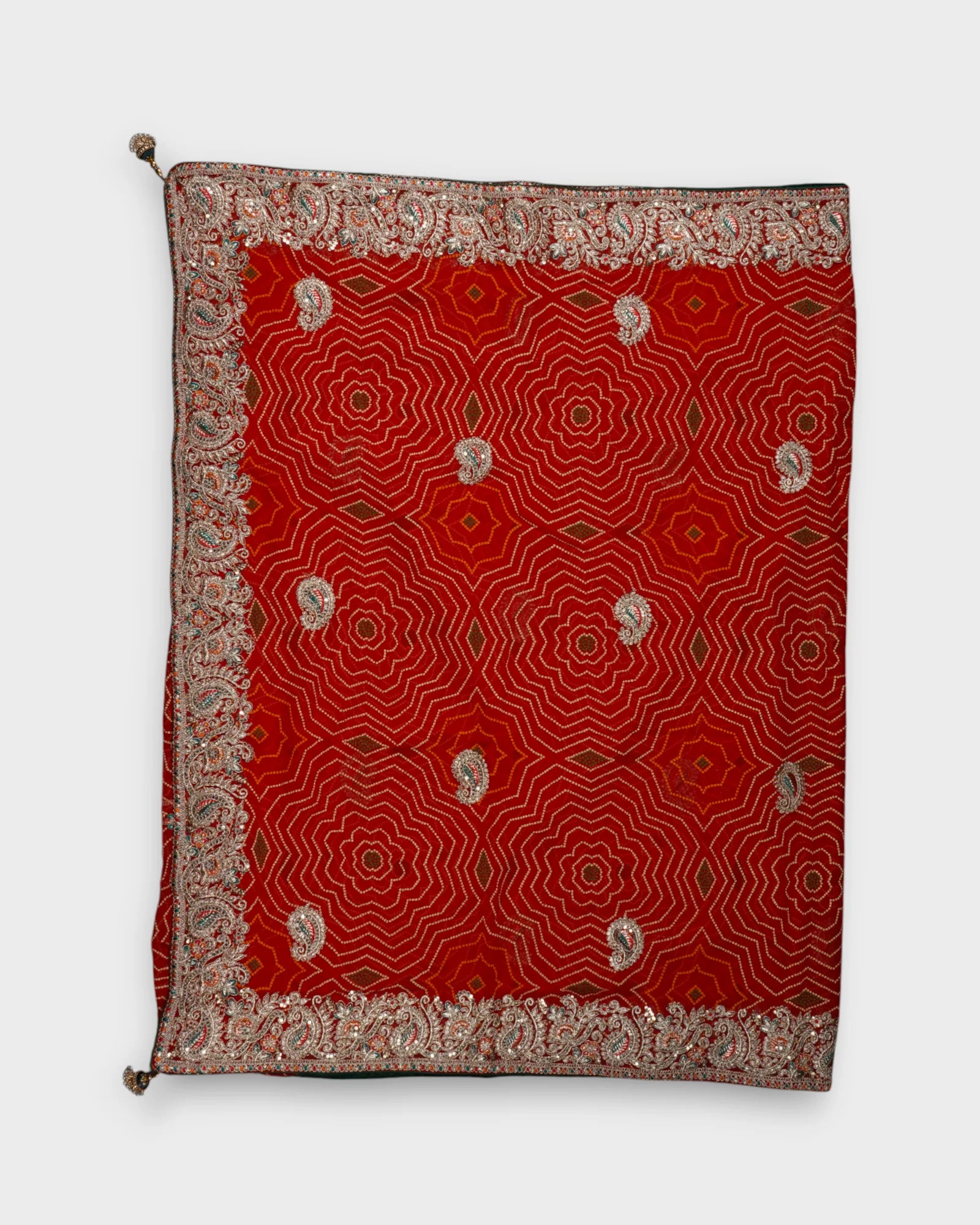 Red Bandhani Silk Saree With Gold Butta