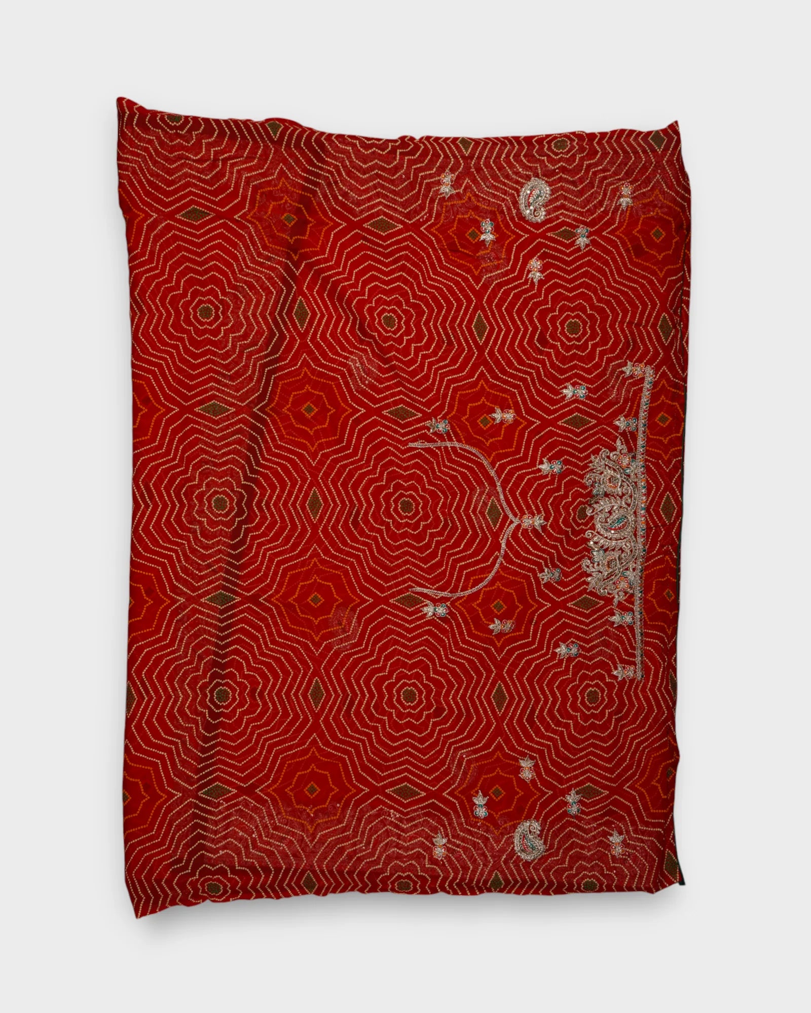 Red Bandhani Silk Saree With Gold Butta