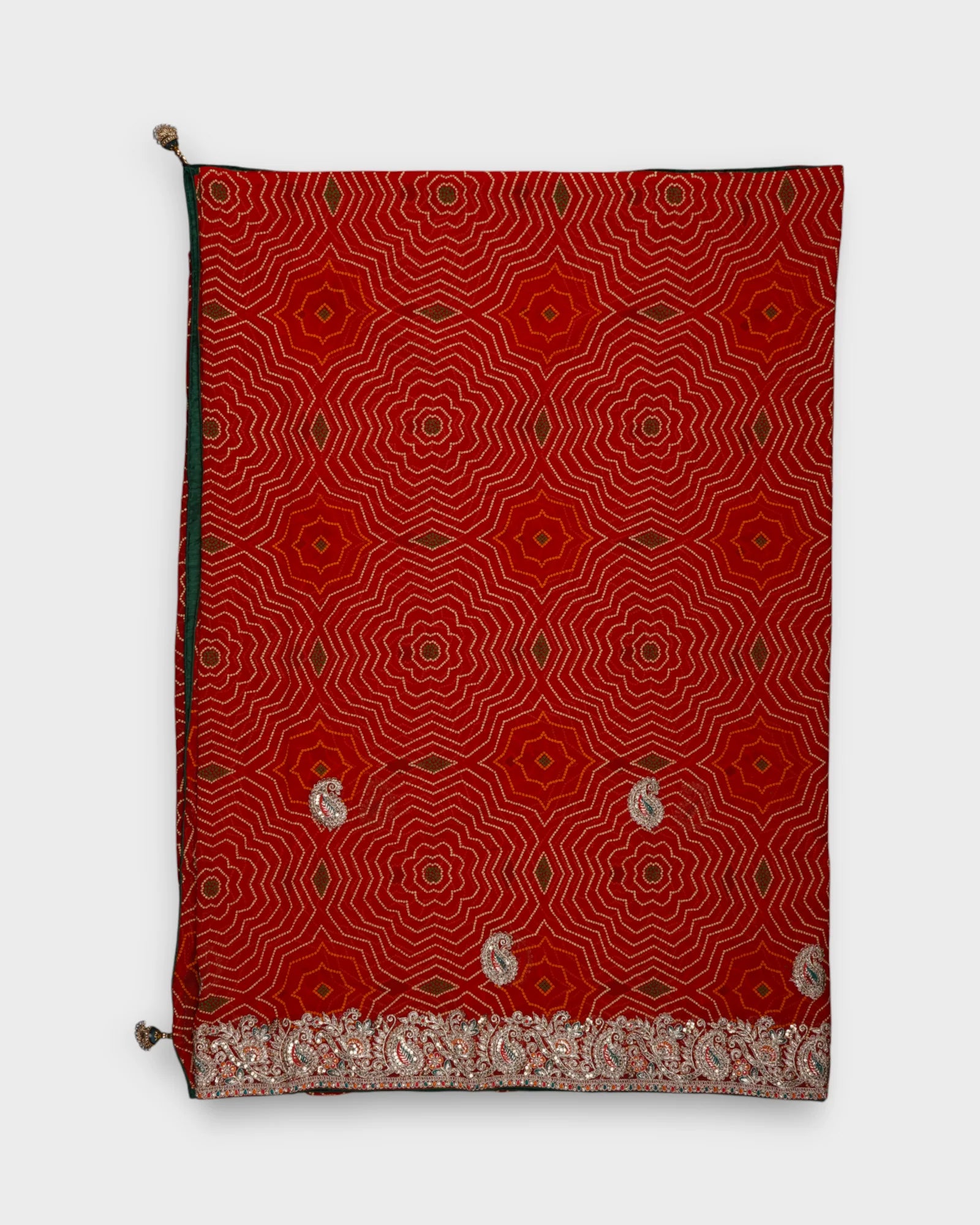 Red Bandhani Silk Saree With Gold Butta