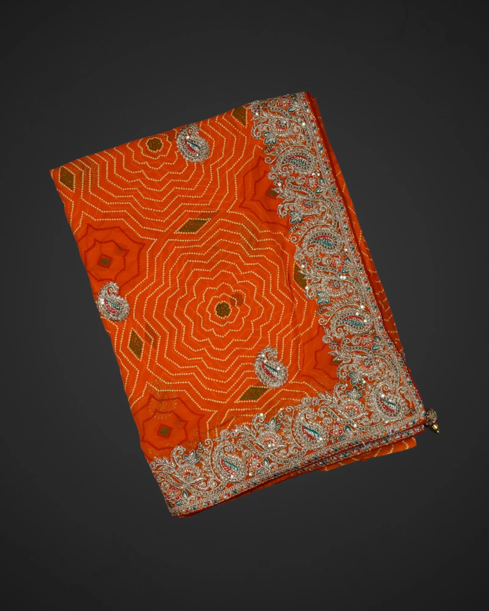 Geometric Bandhani Saree With Gold Accents