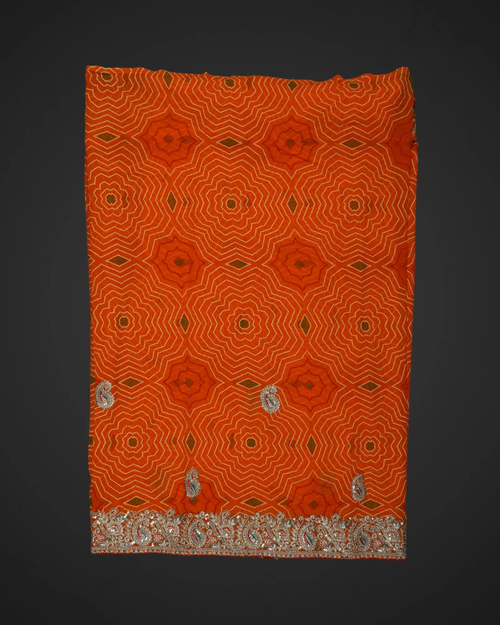 Geometric Bandhani Saree With Gold Accents