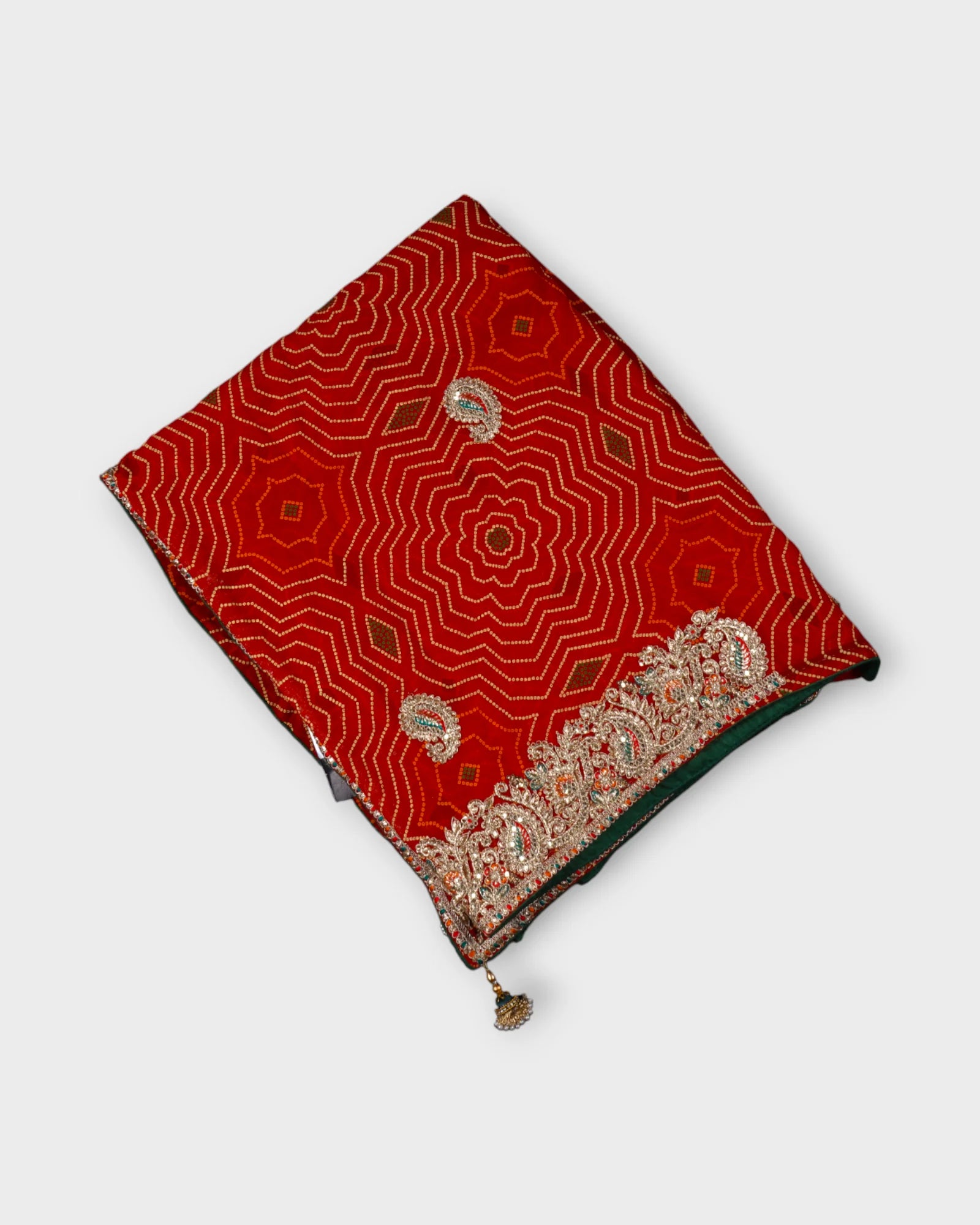 Red Bandhani Silk Saree With Gold Butta