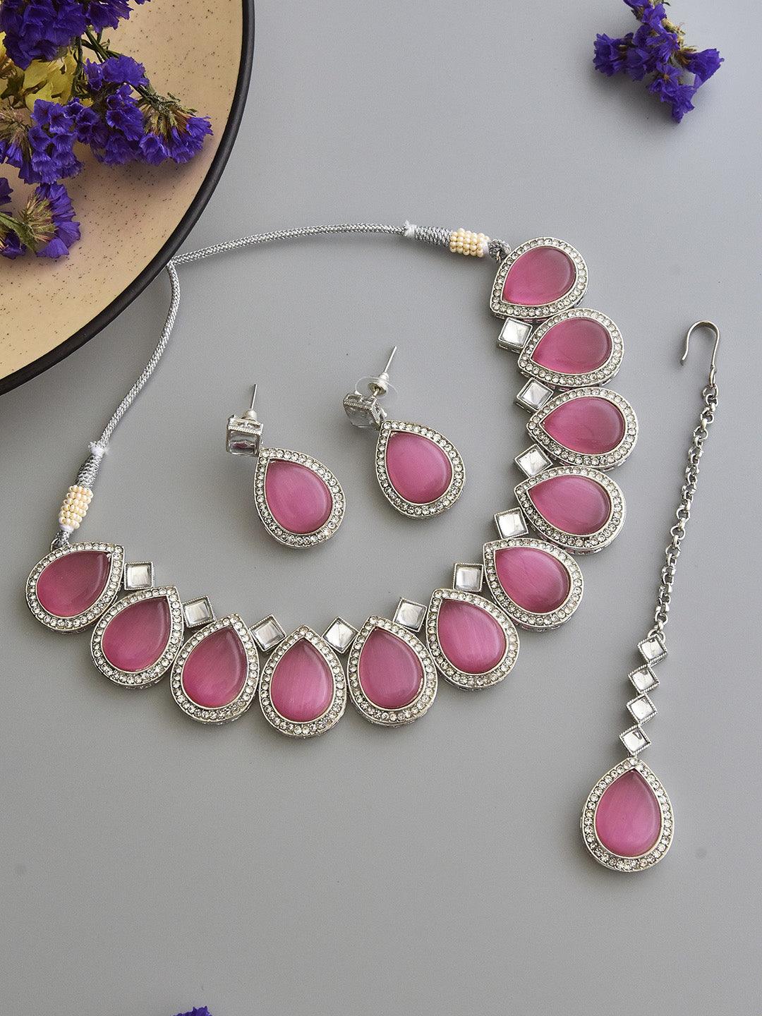 Rose Radiance Zirconia Necklace Set with Maang Tikka - Dyulokha