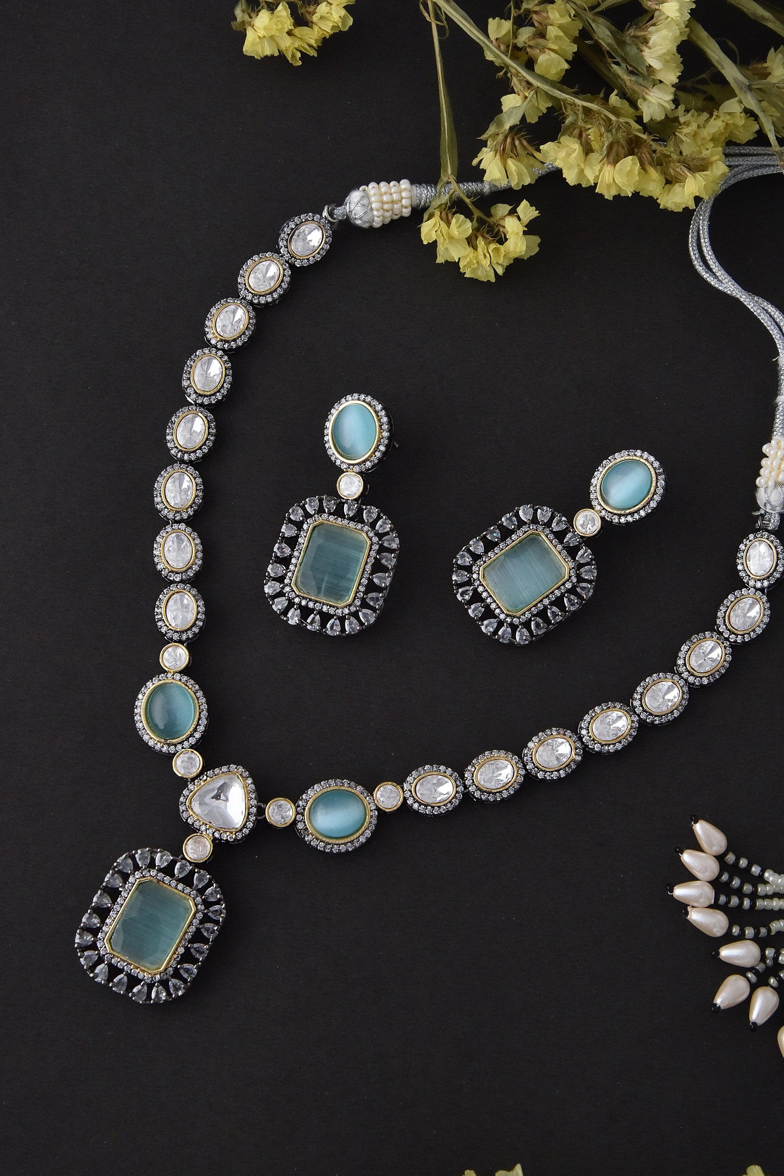 Mint Silver Polki Necklace Set - Dyulokha