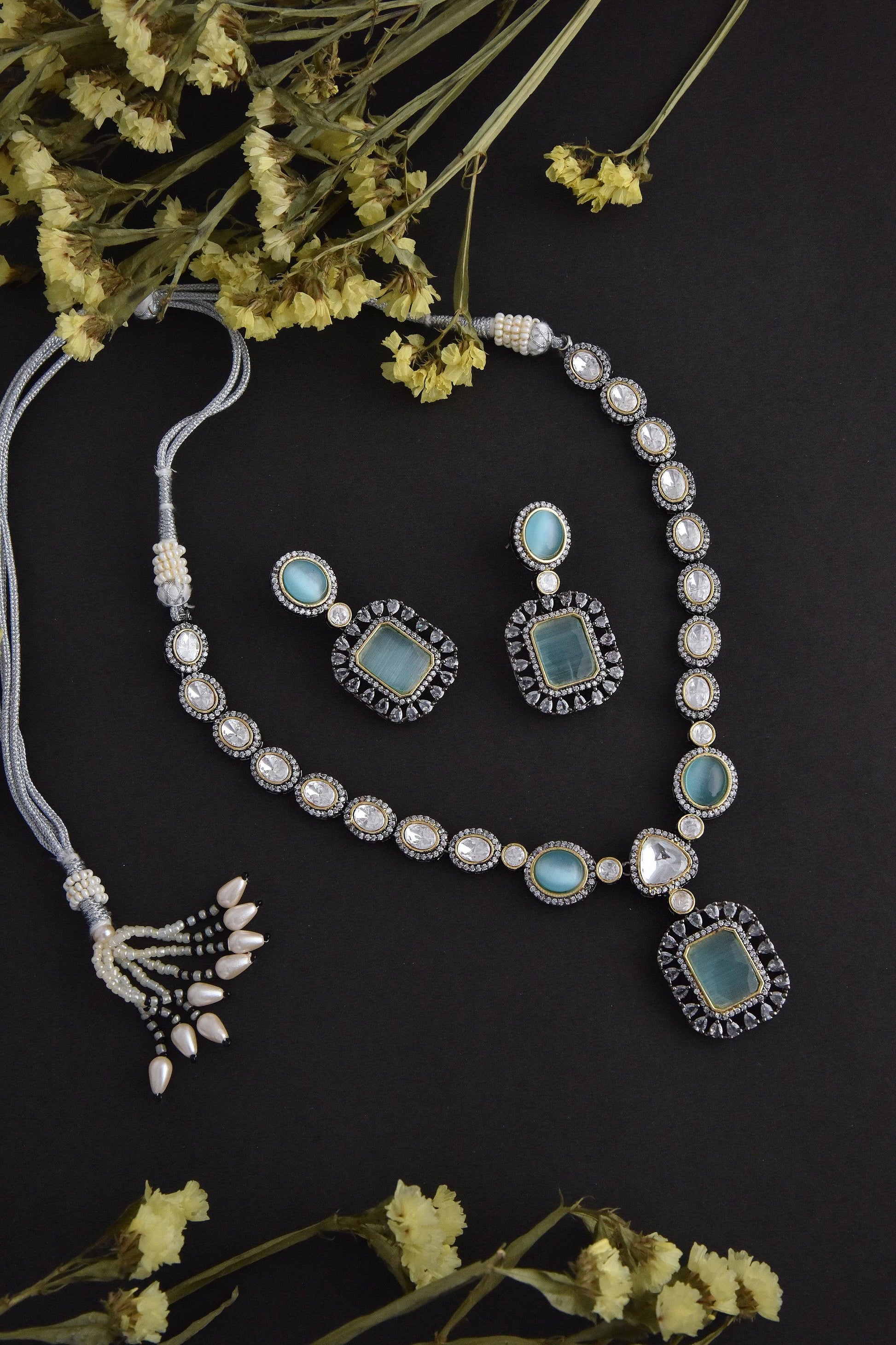 Mint Silver Polki Necklace Set - Dyulokha
