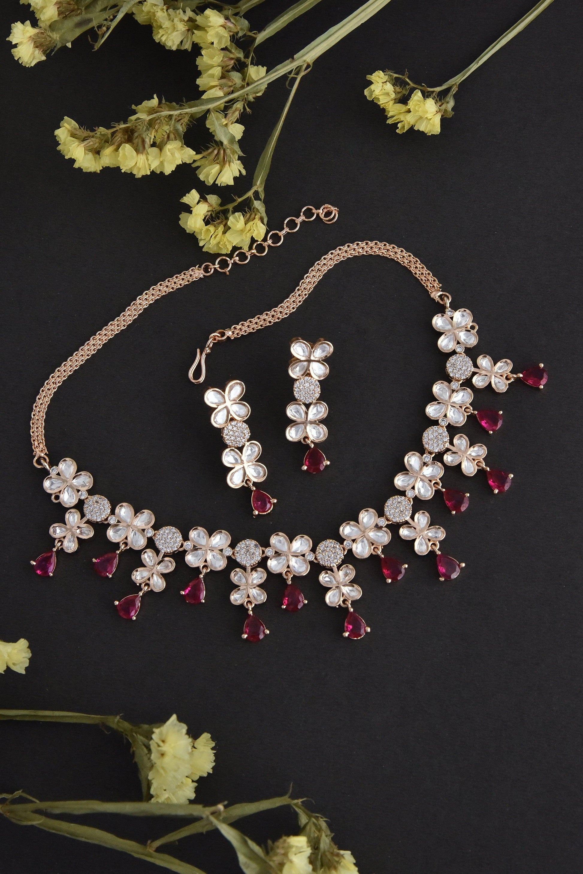 Scarlet Splendor Polki Necklace Set - Dyulokha