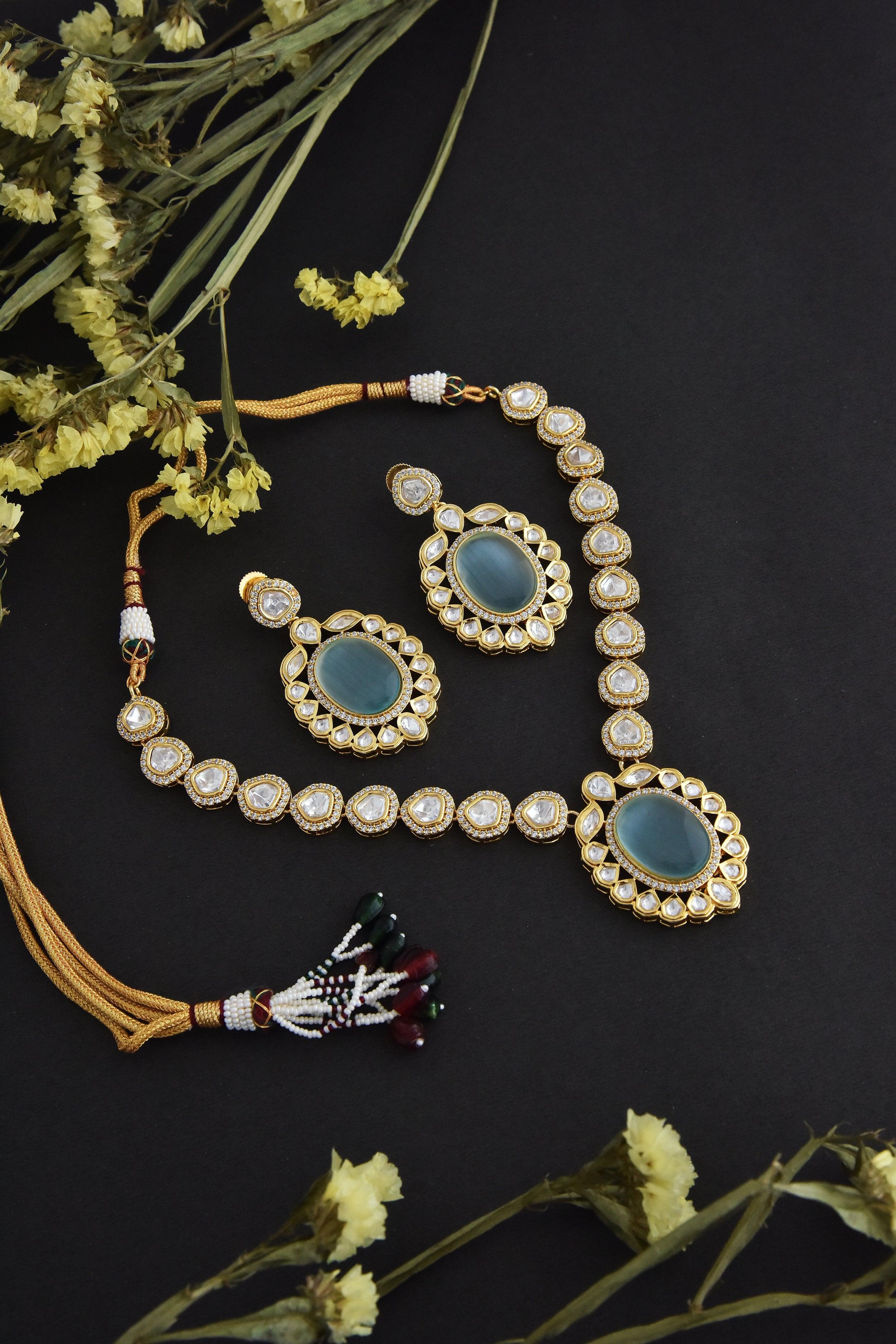Minty Glamour Polki Necklace Set - Dyulokha