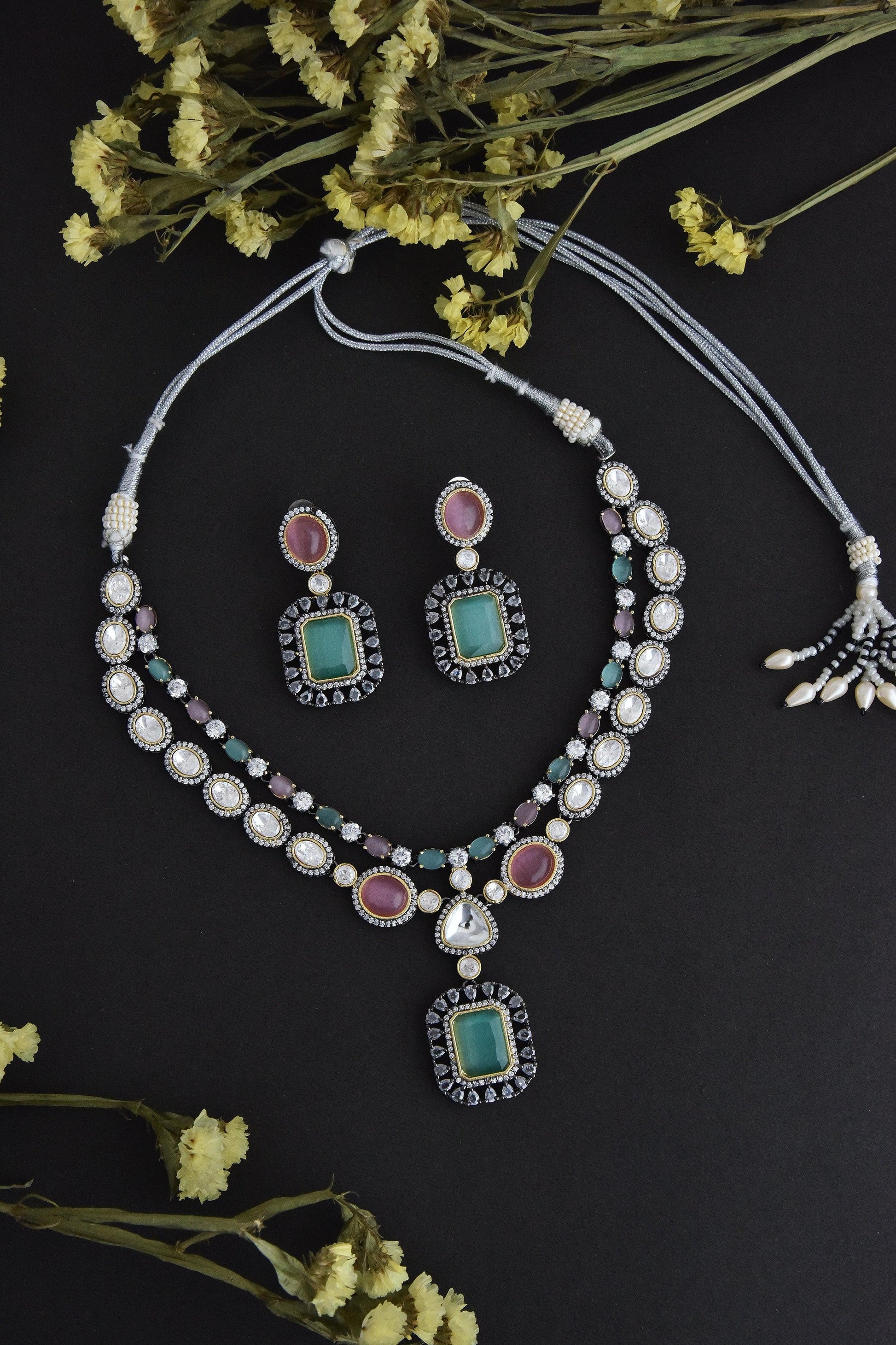 Pink & Mint Silver Polki Necklace Set - Dyulokha