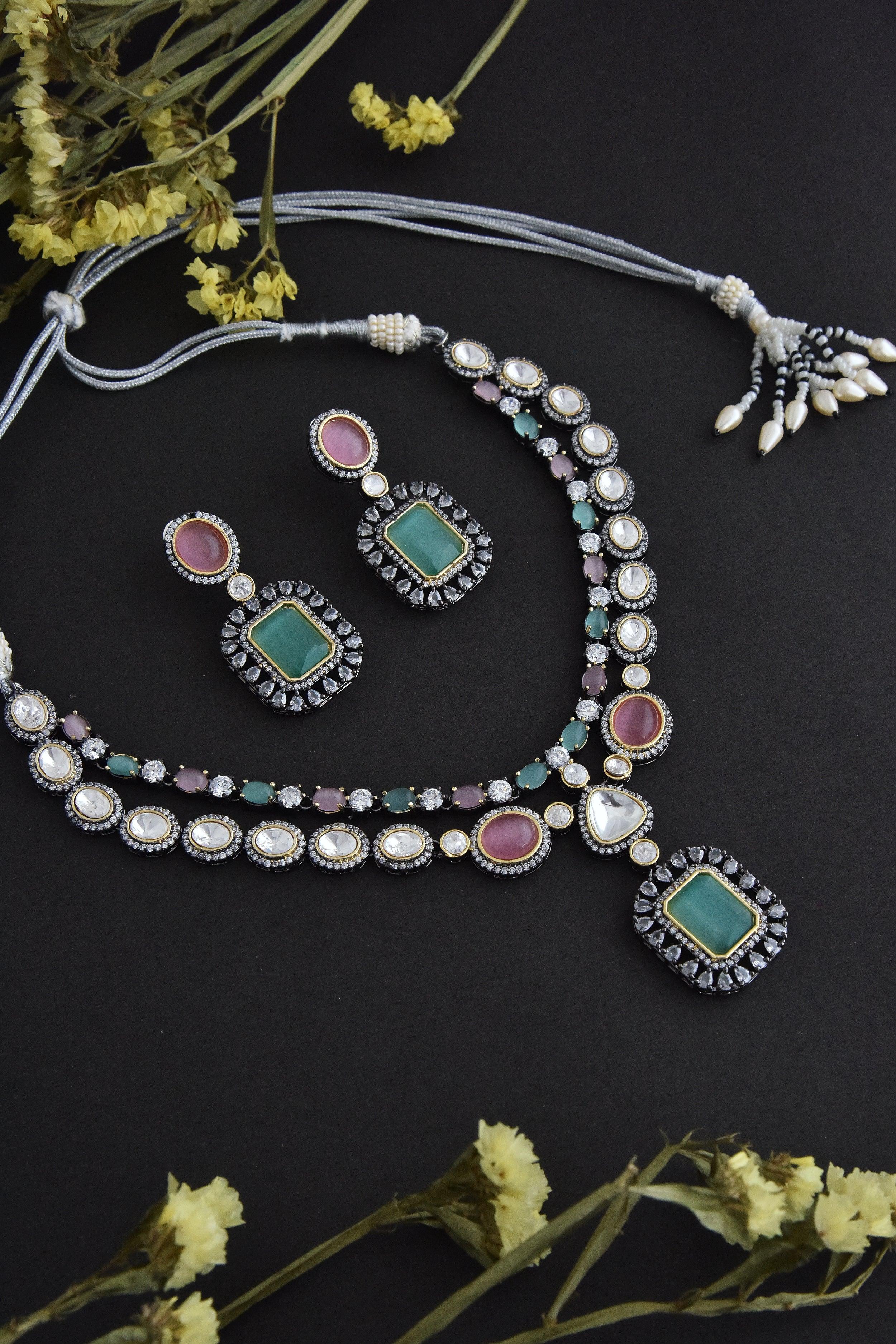 Pink & Mint Silver Polki Necklace Set - Dyulokha