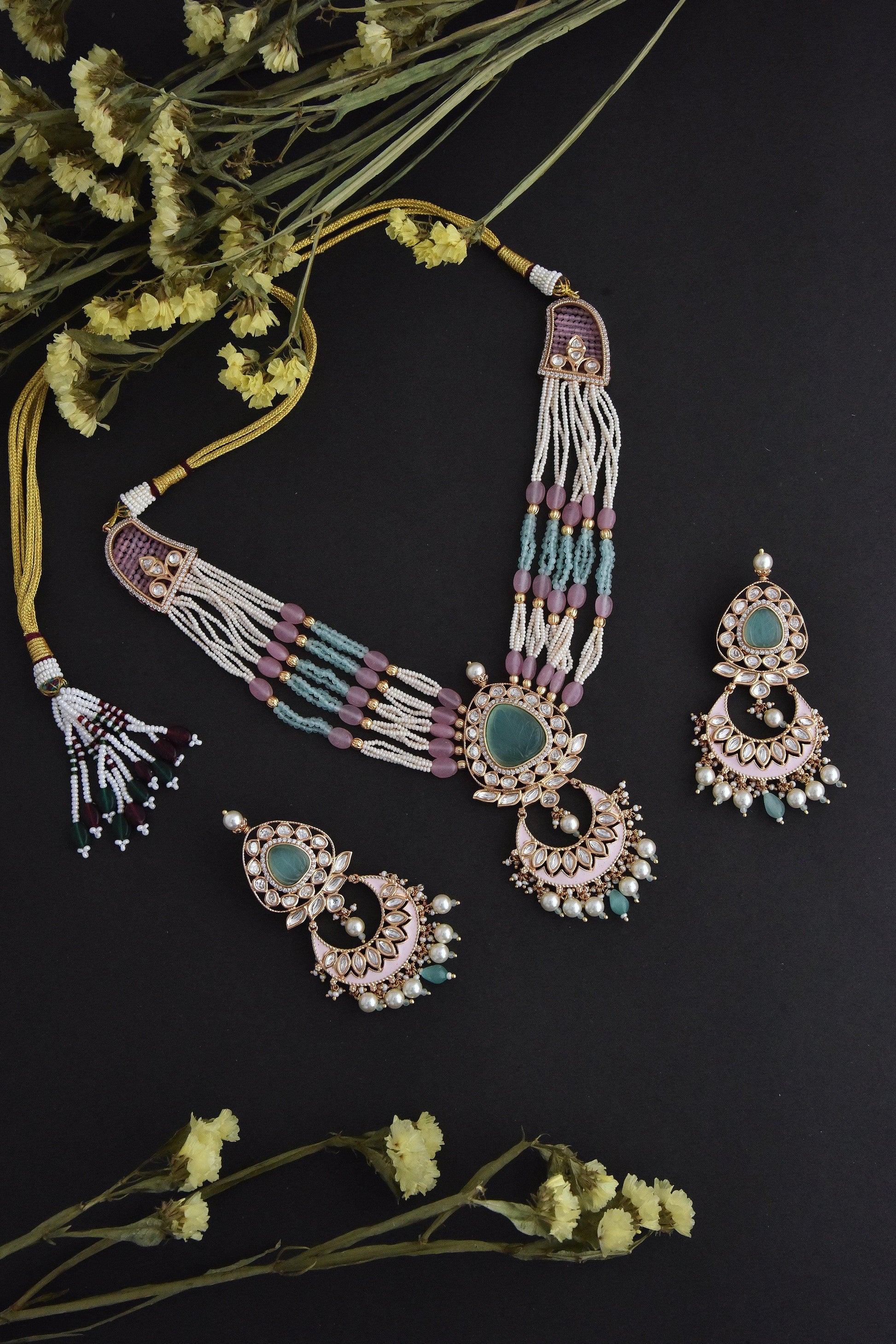 Pastel Blossom Polki Necklace Set - Dyulokha