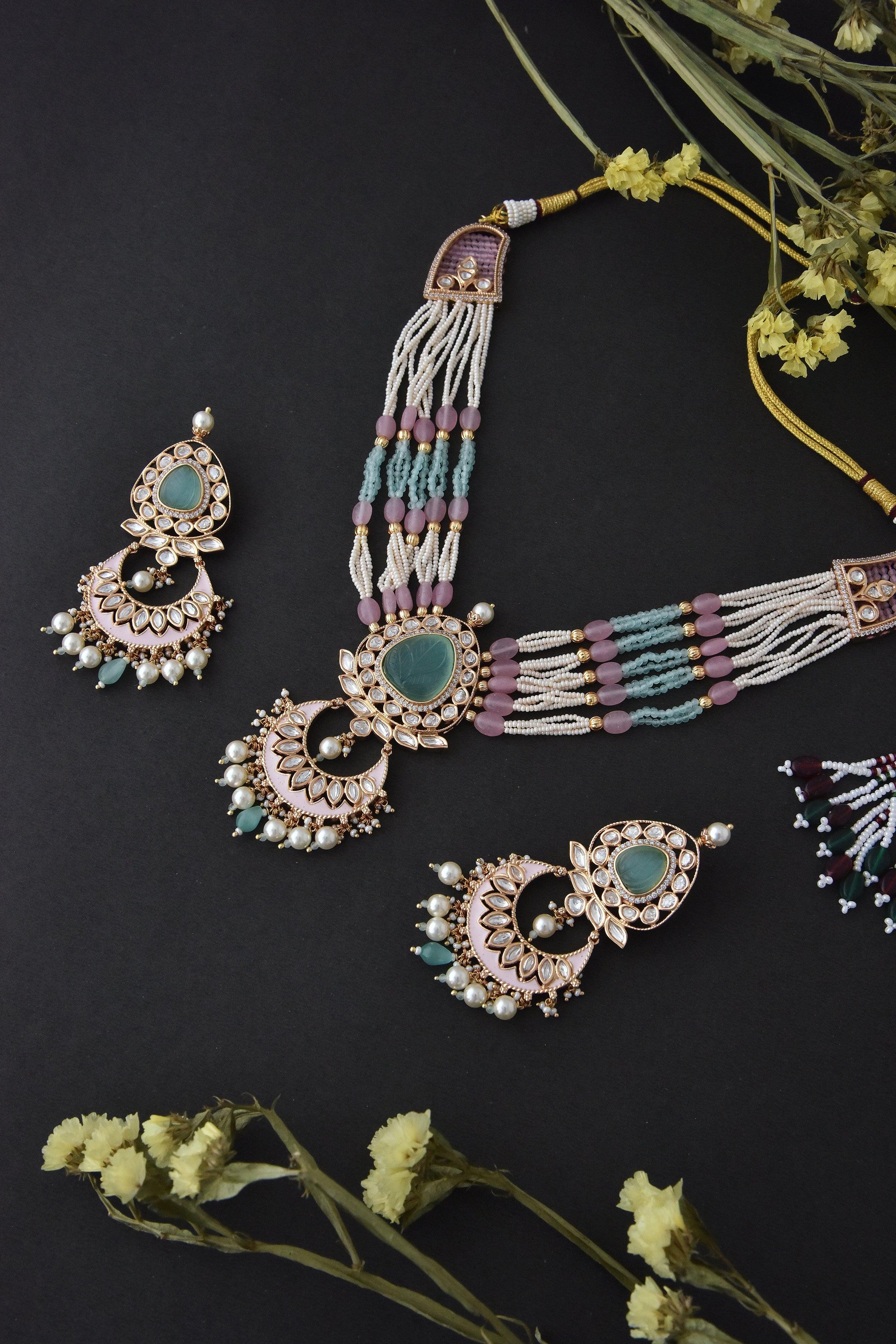 Pastel Blossom Polki Necklace Set - Dyulokha