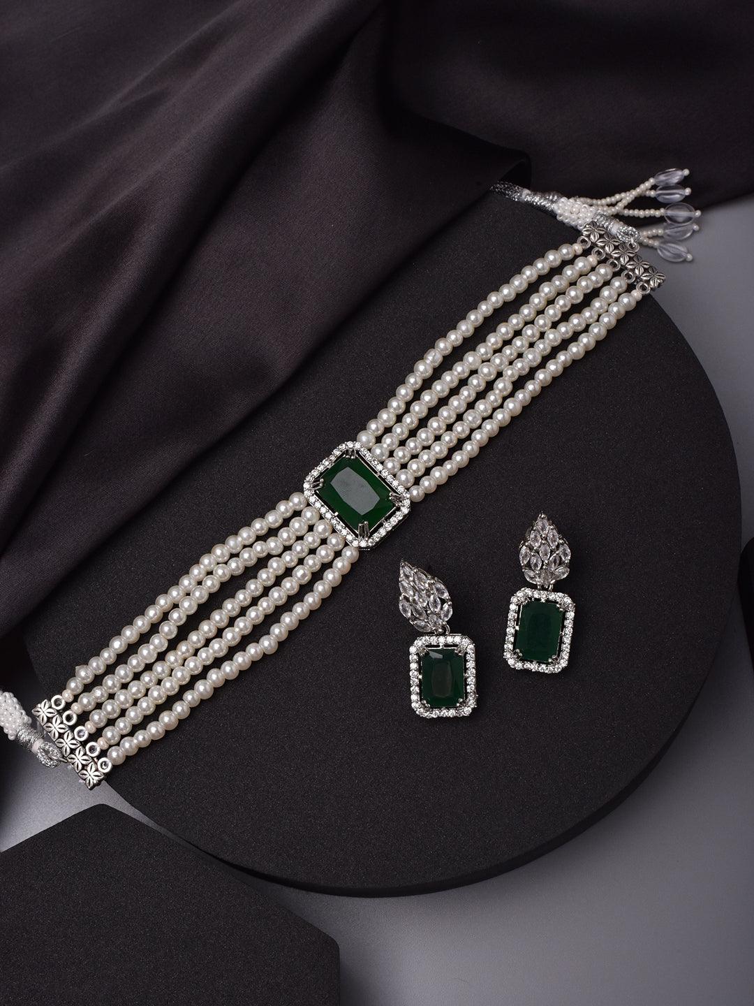 Emerald Enchantment Silver Tone Choker Set - Dyulokha