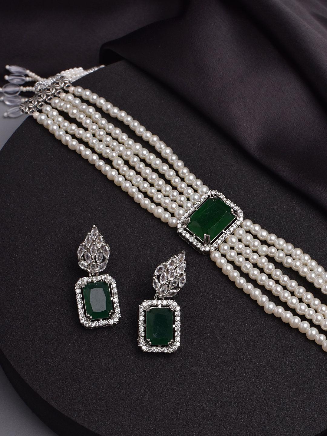 Emerald Enchantment Silver Tone Choker Set - Dyulokha