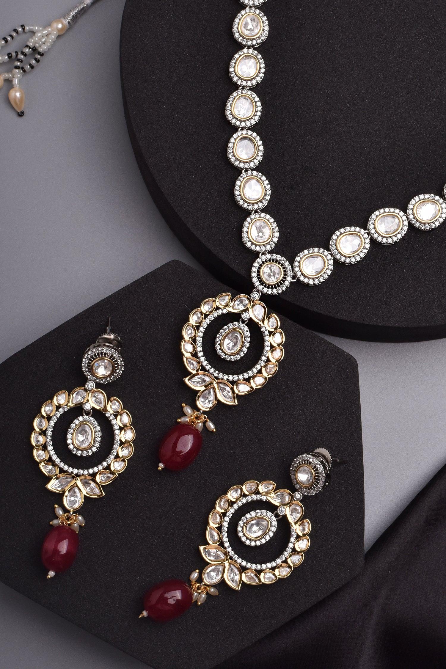 Ruby Radiance Silver Tone Polki Necklace Set - Dyulokha