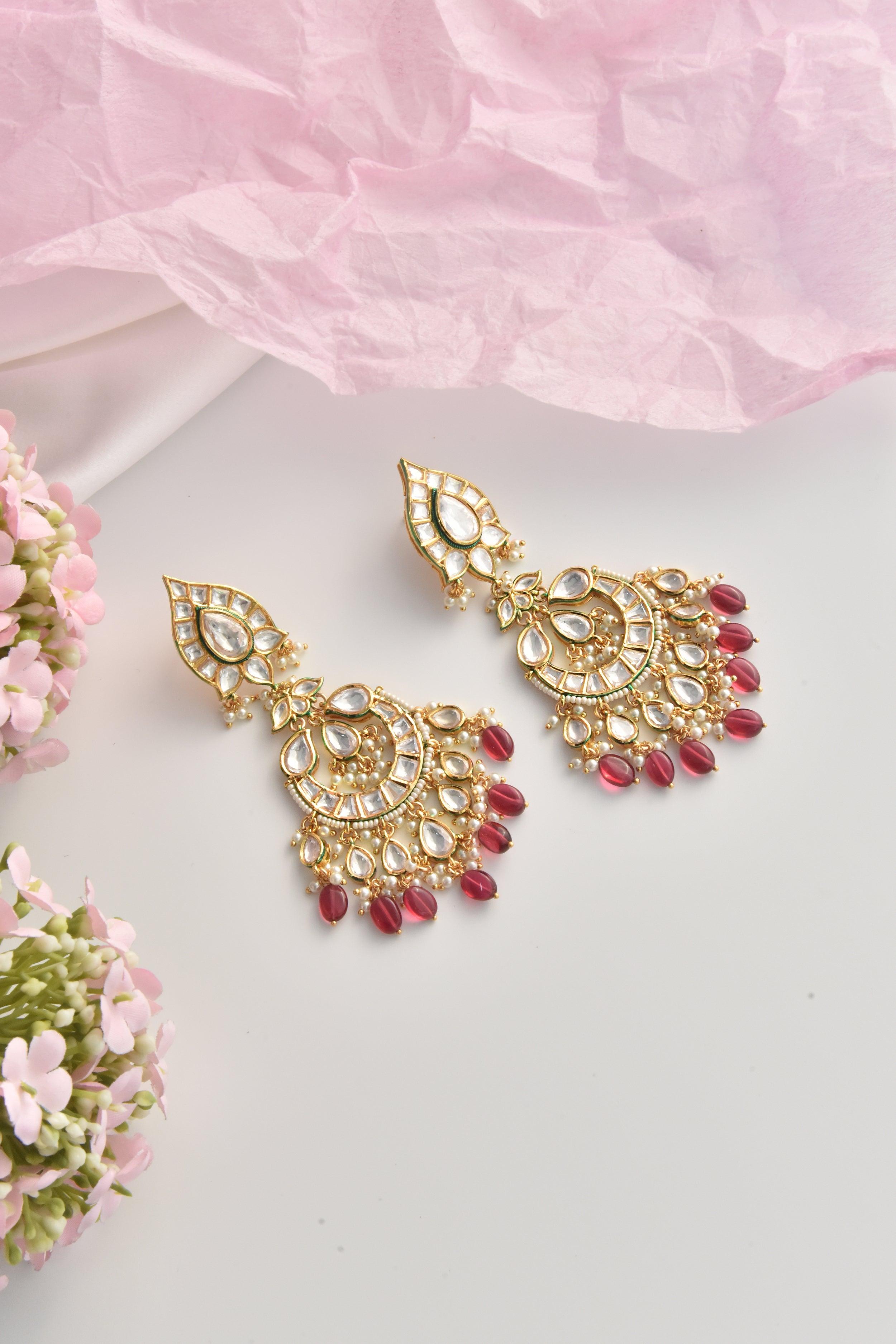 Crimson Sparkle Moissanite Chandbali Earrings - Dyulokha