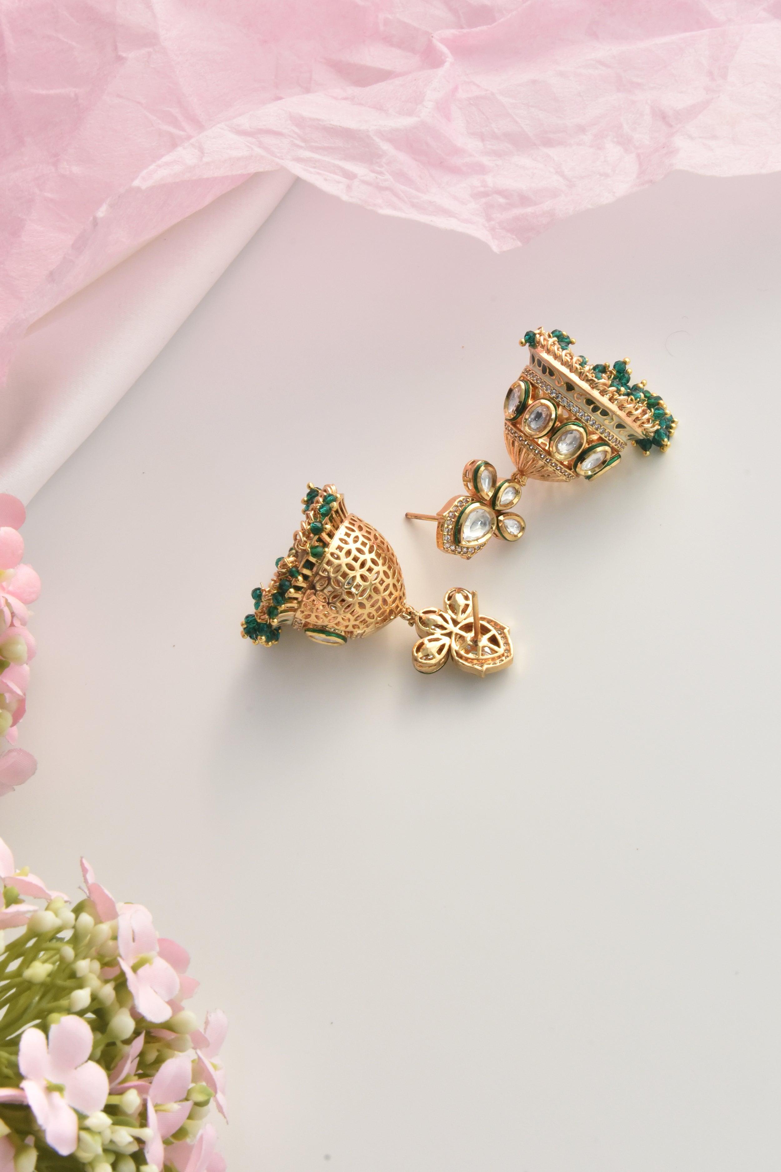 Emerald Gleam Polki Jhumka Earrings - Dyulokha