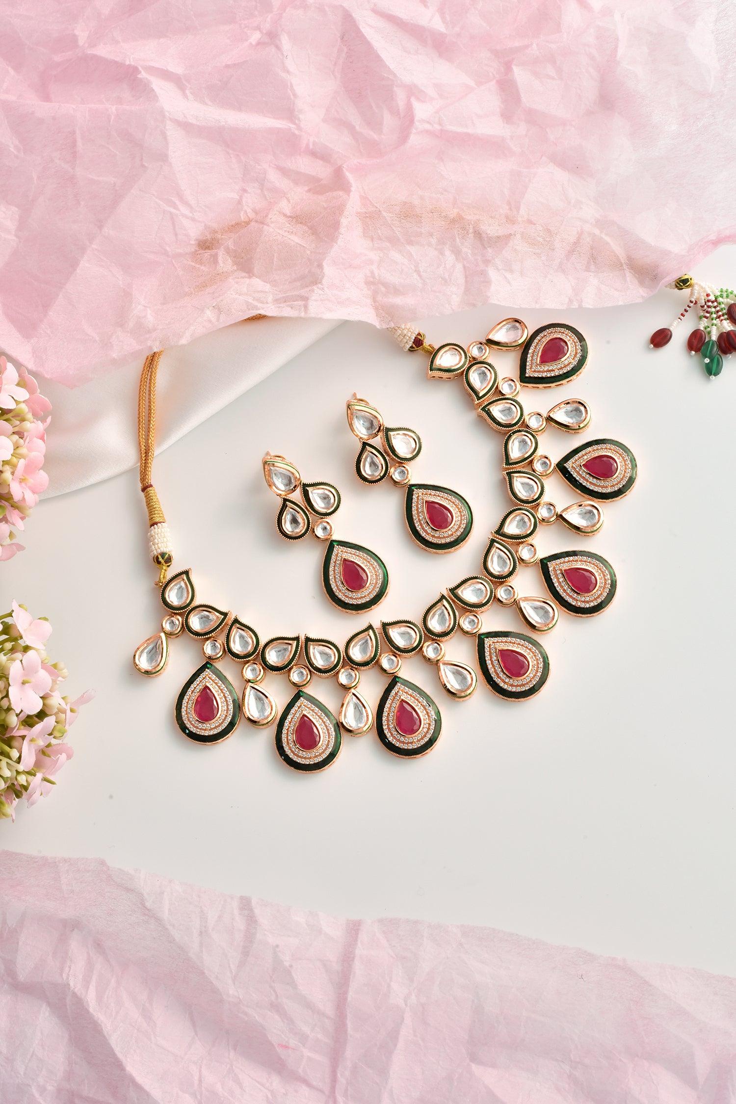 Crimson Charm Polki Necklace Set - Dyulokha