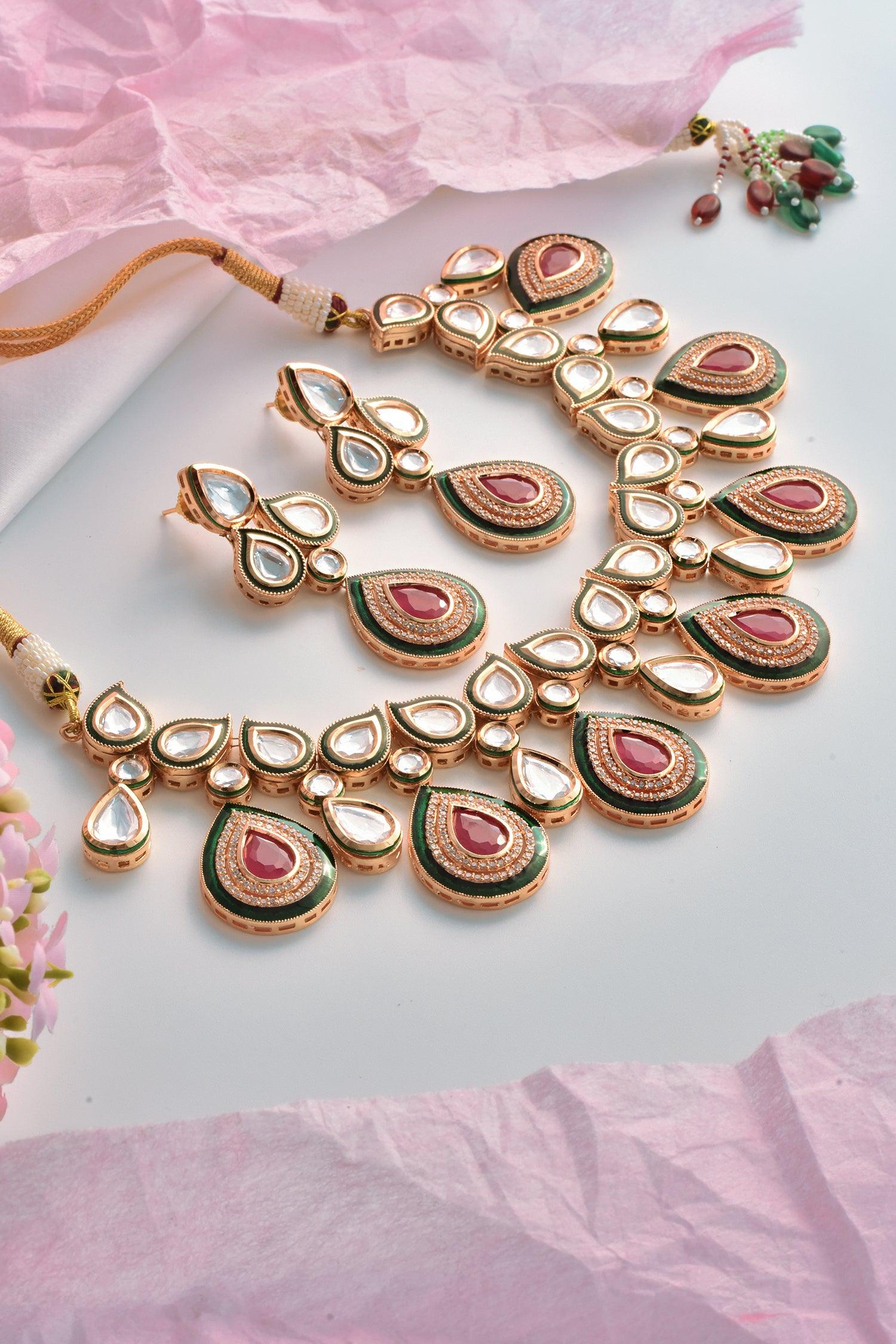 Crimson Charm Polki Necklace Set - Dyulokha