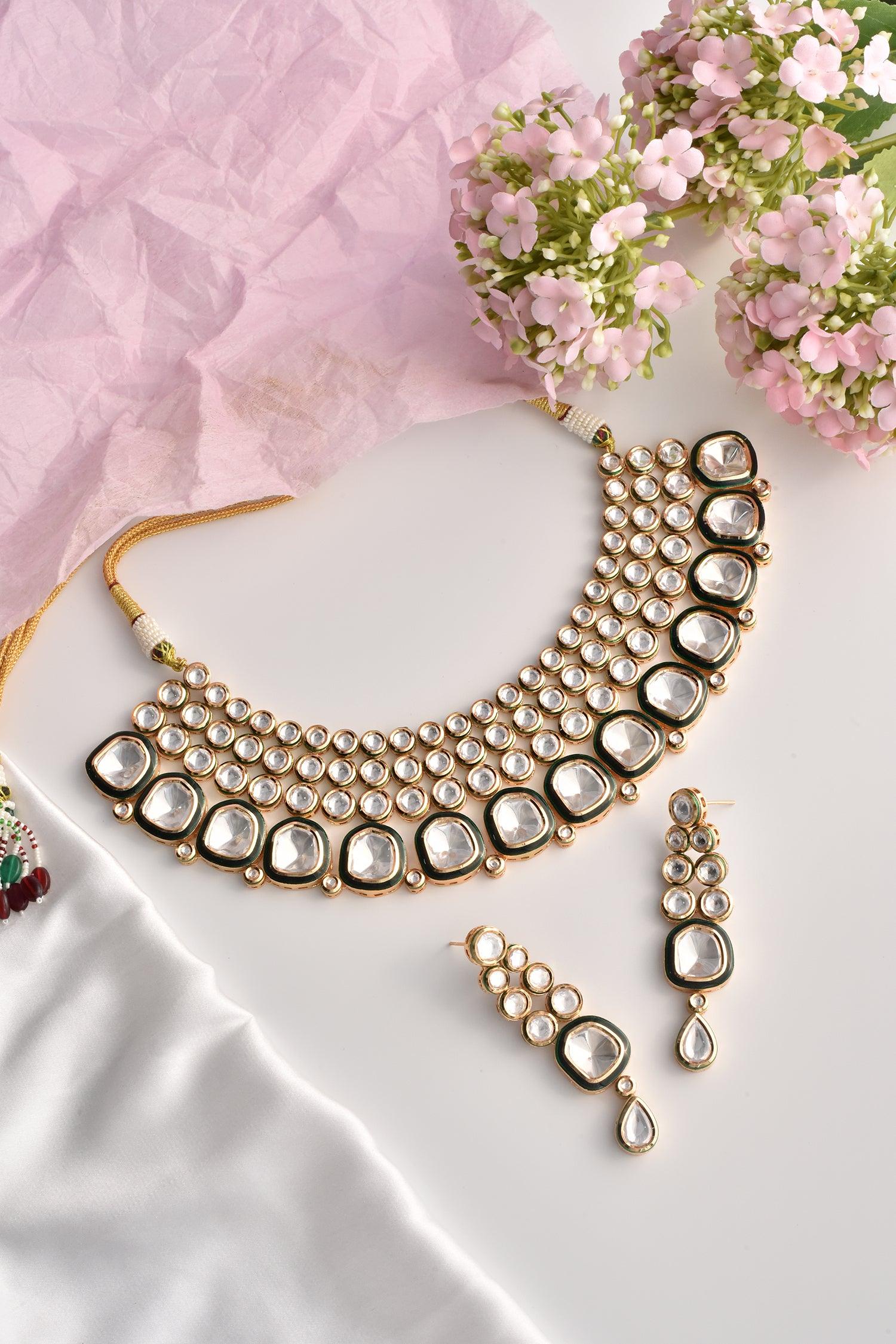 Golden Sparkle Moissanite Polki Necklace Set - Dyulokha