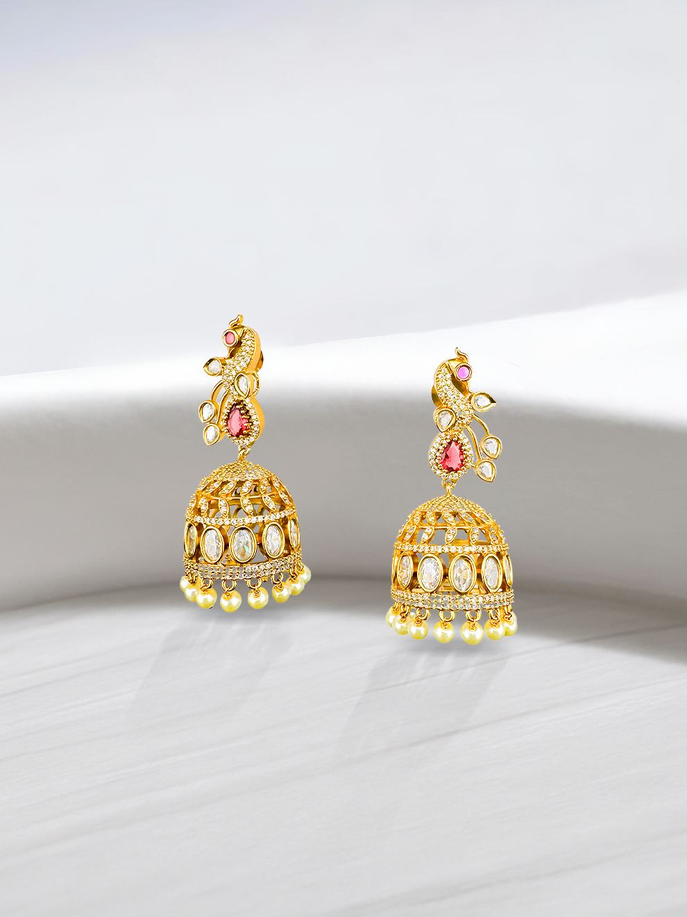 Regal Peacock Jhumkas with Pearl Drops