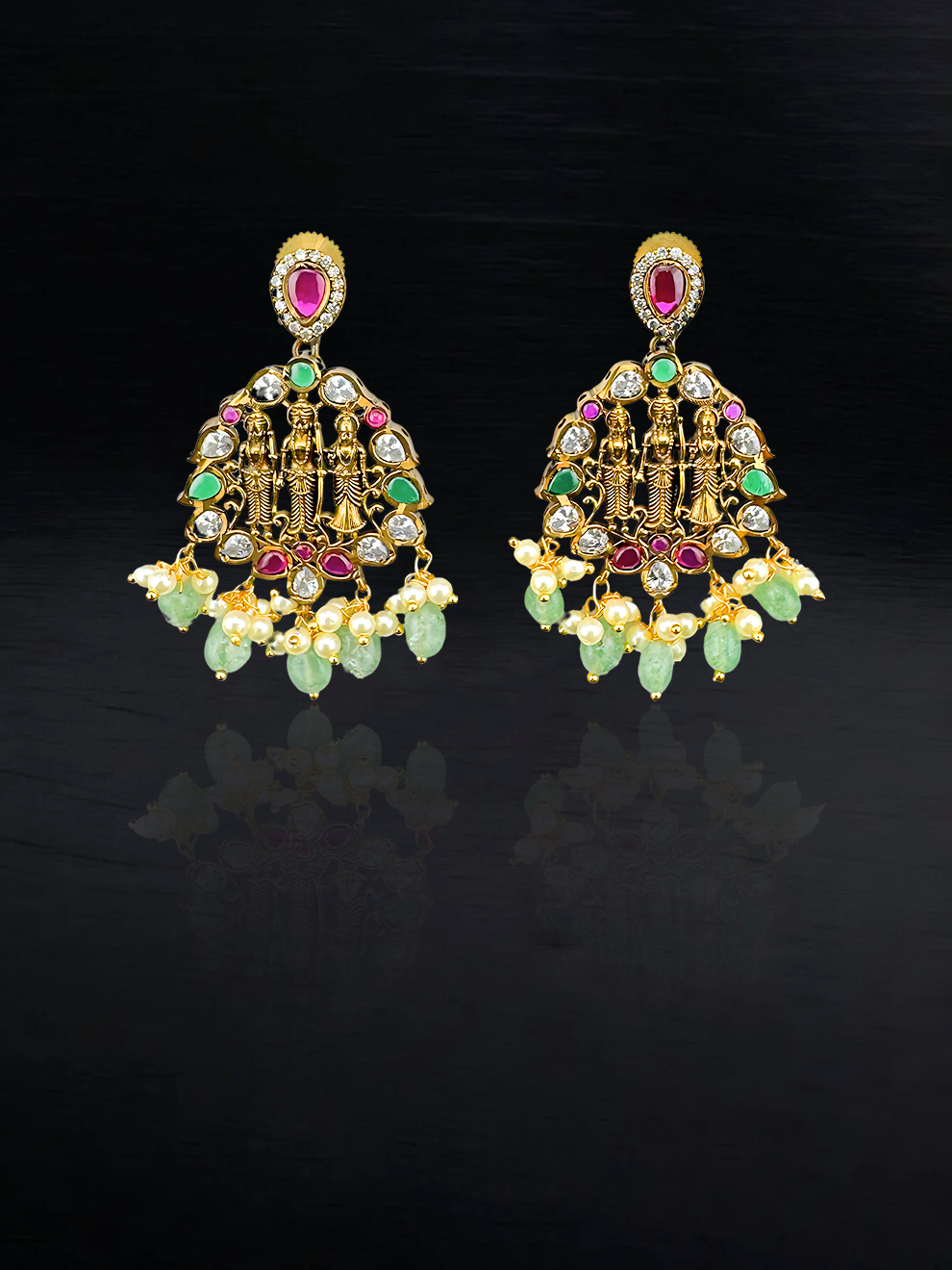 Ram Parivaar Earrings with Green Drops
