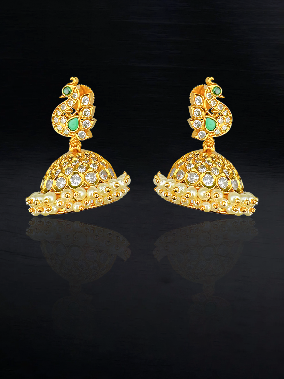 Peacock Jhumkas with White CZ Stones