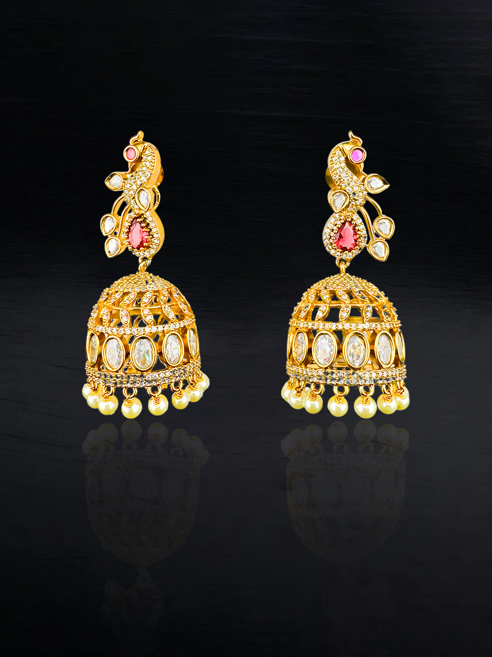 Regal Peacock Jhumkas with Pearl Drops