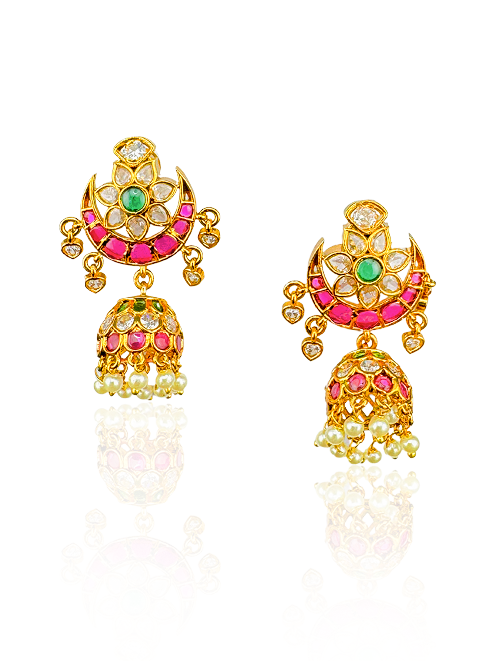 Moon-Shaped Jhumkas with Pink Stones