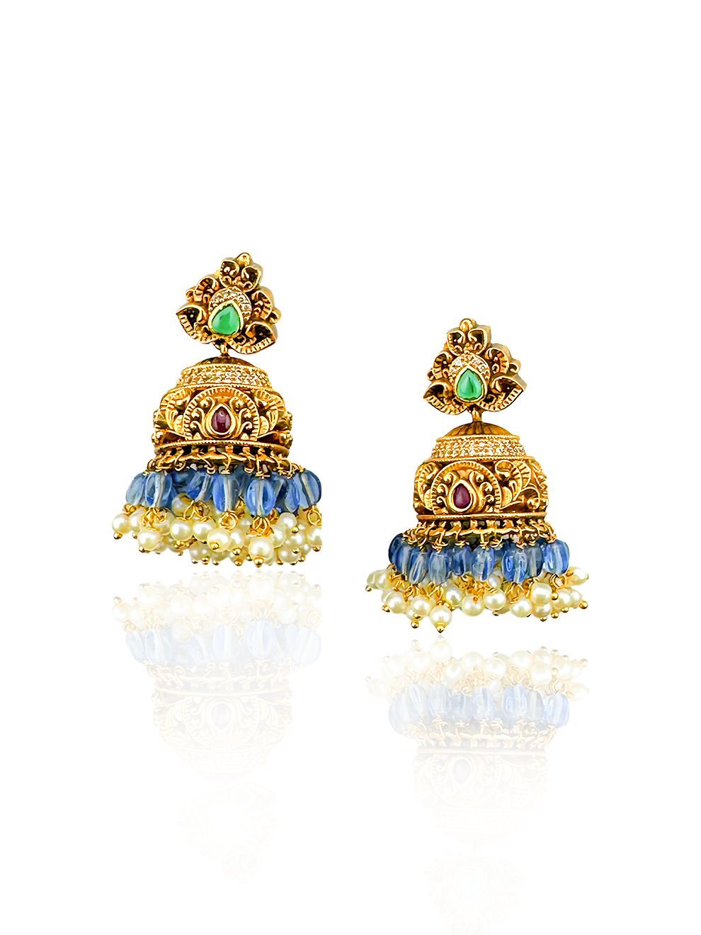 Flower-Shaped Jhumkas with Light Blue Drops