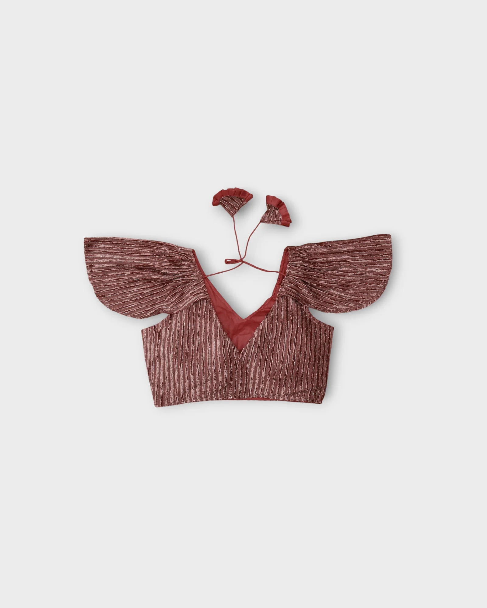 Velvet Ruffle Sleeve V Neck Readymade Blouse