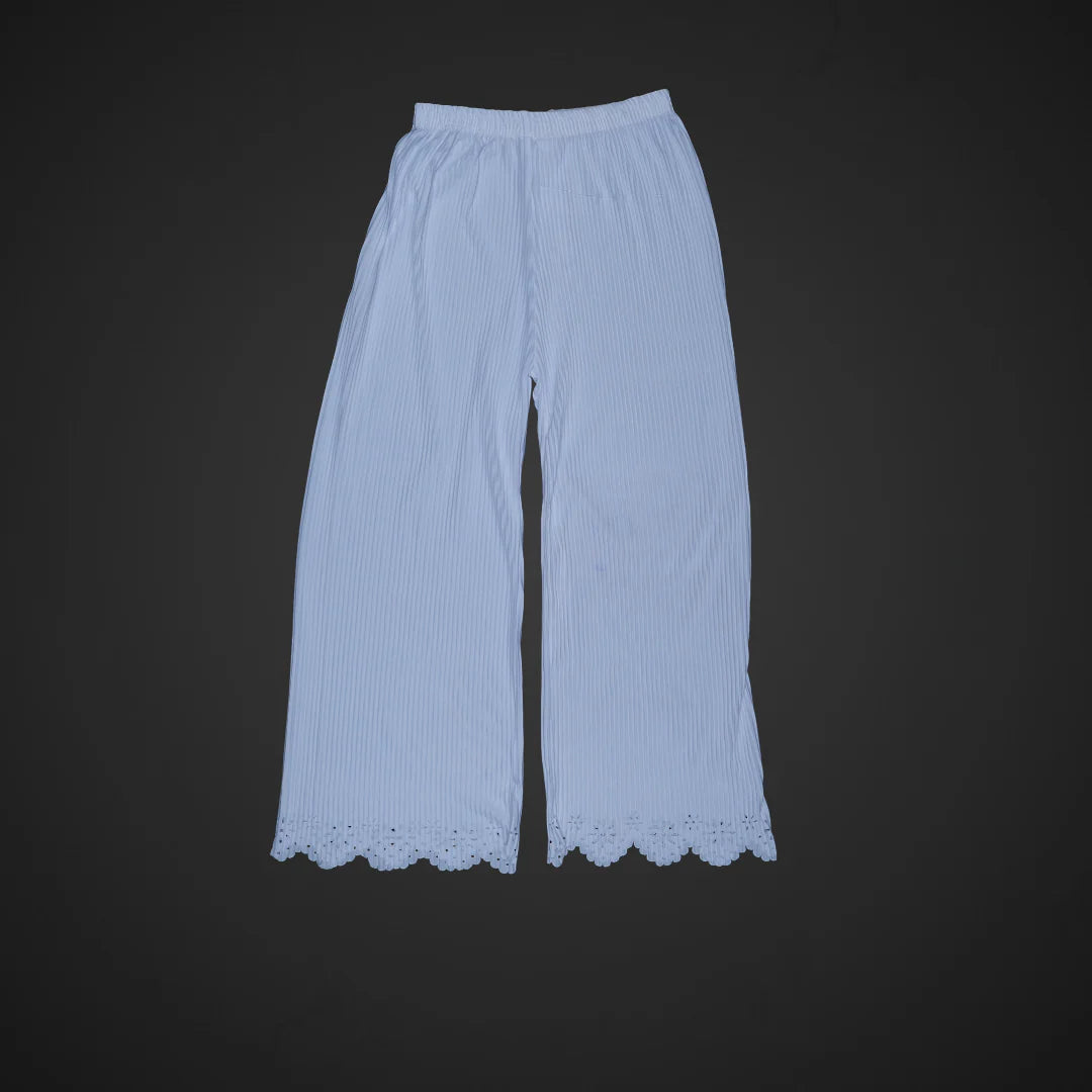 White Cotton Palazzos with Floral Ankle Detail