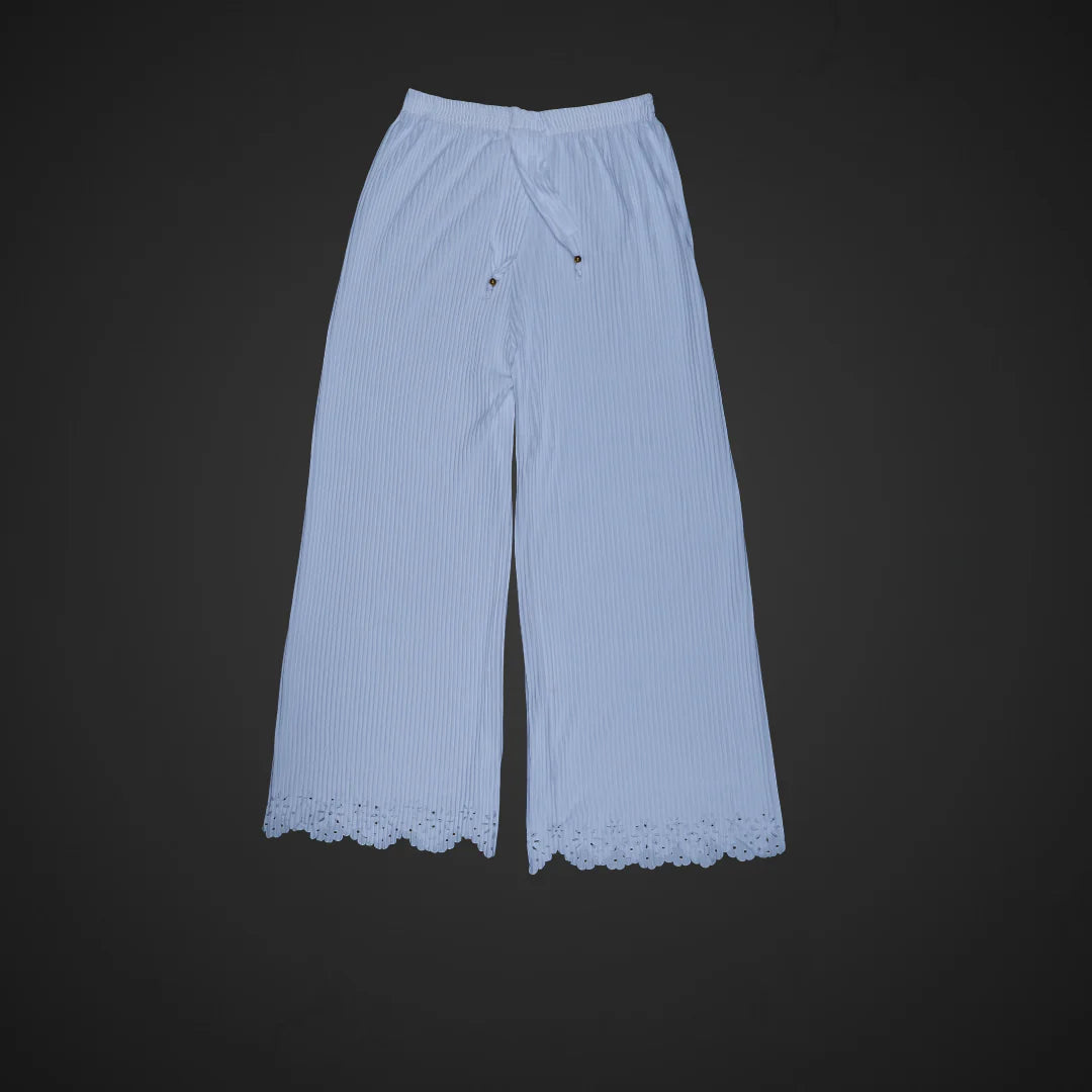 White Cotton Palazzos with Floral Ankle Detail