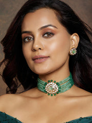 Green Bliss Multi-Shaded Polki Choker Set - Dyulokha
