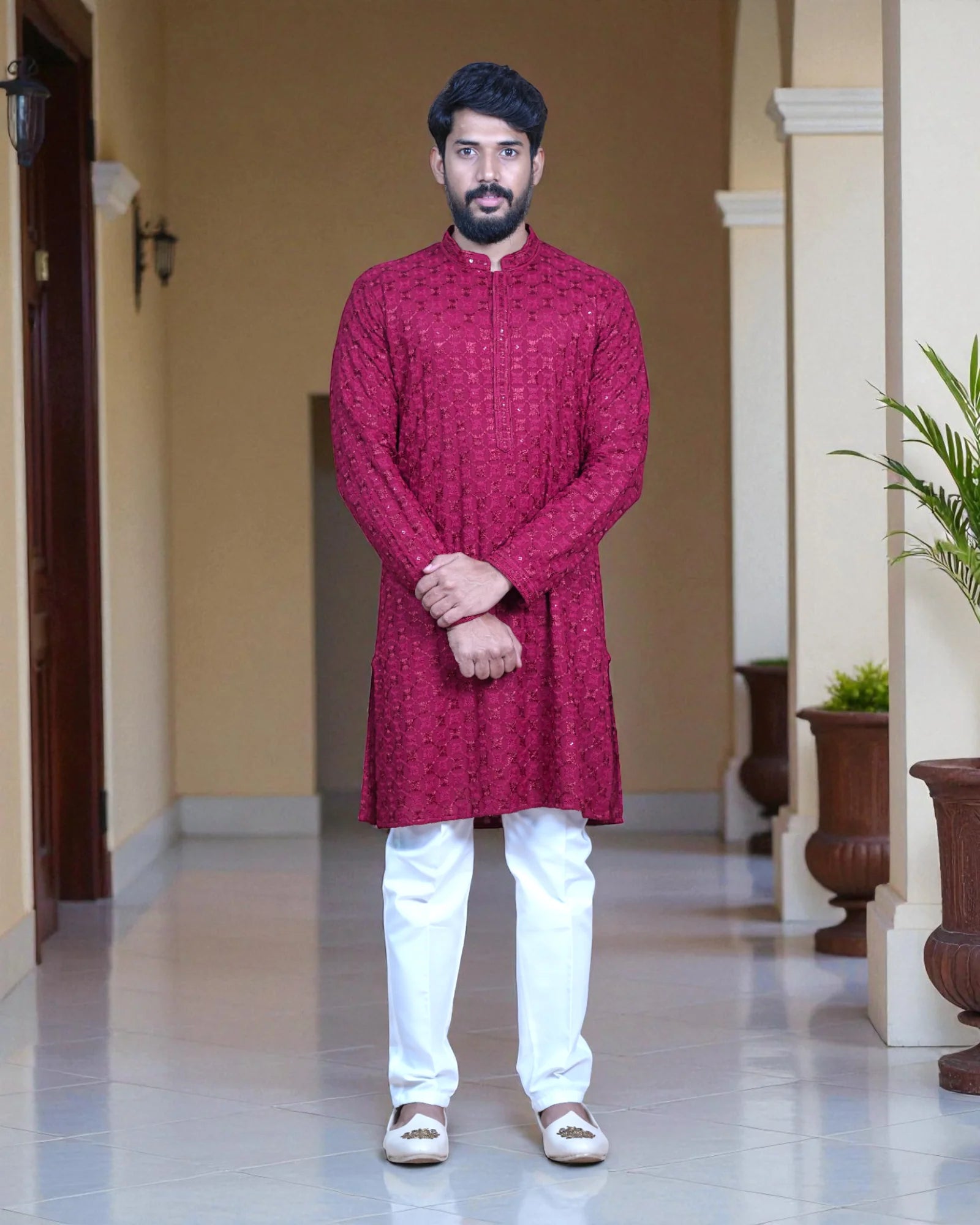 Cotton Blend Woven Kurta Pajama Set