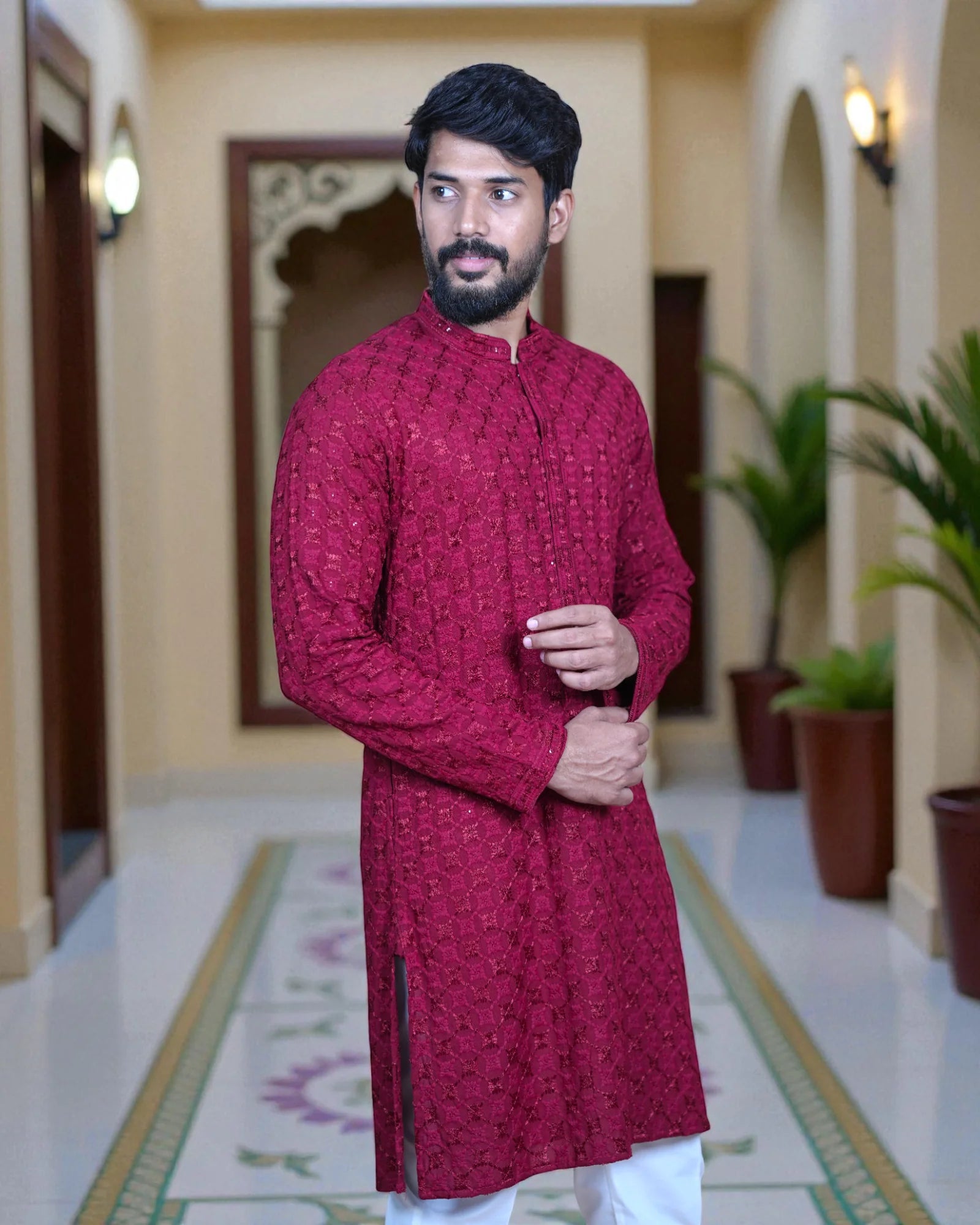 Cotton Blend Woven Kurta Pajama Set